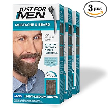 Just For Men Brush-In Color Gel Mustache & Beard Color, 72.6g (Pack of 3) - Light-Medium Brown