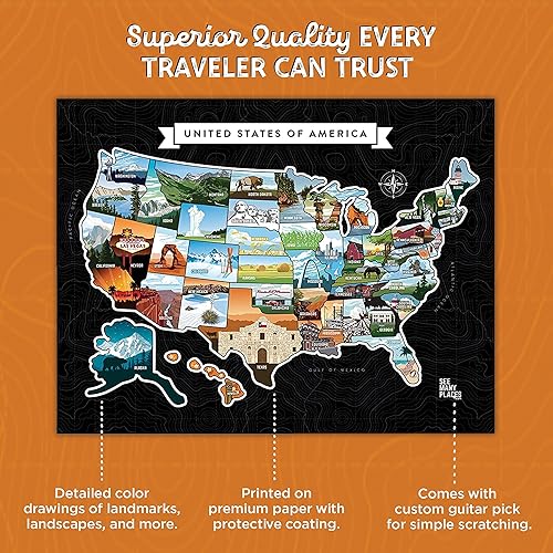 Miniatura 3 de Mapa de Estados Unidos para raspar con texto en inglés See Many Plazes, póster enmarcado de 20 x 16 pulgadas, mapa de viaje de Estados Unidos con