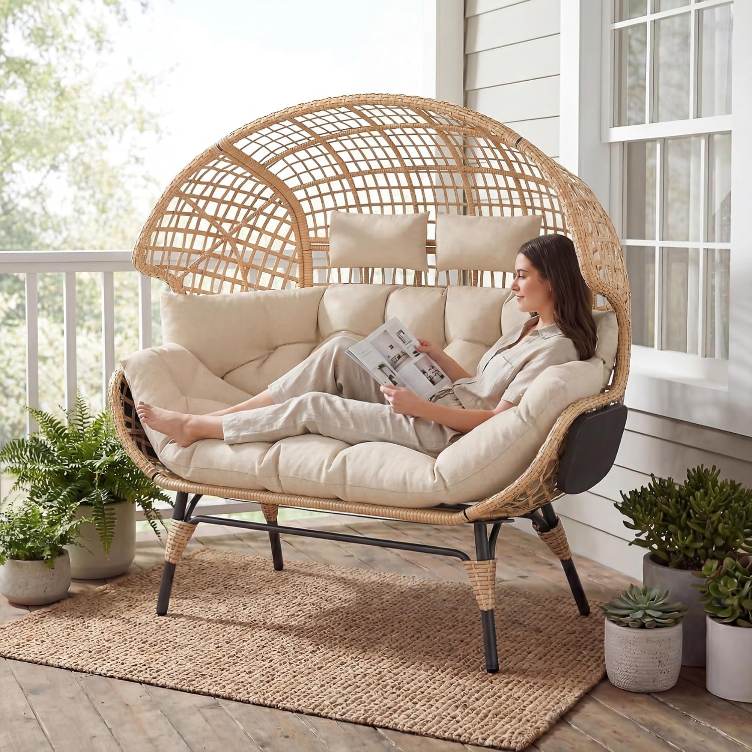 Double Wicker Egg Chair Outdoor Indoor - 2-Person Oversized Loveseat with 8" Thickened Paded Cushion - 700 lbs Weight Capacity Patio Lounge Chair for Balcony Porch Backyard (Beige Square)