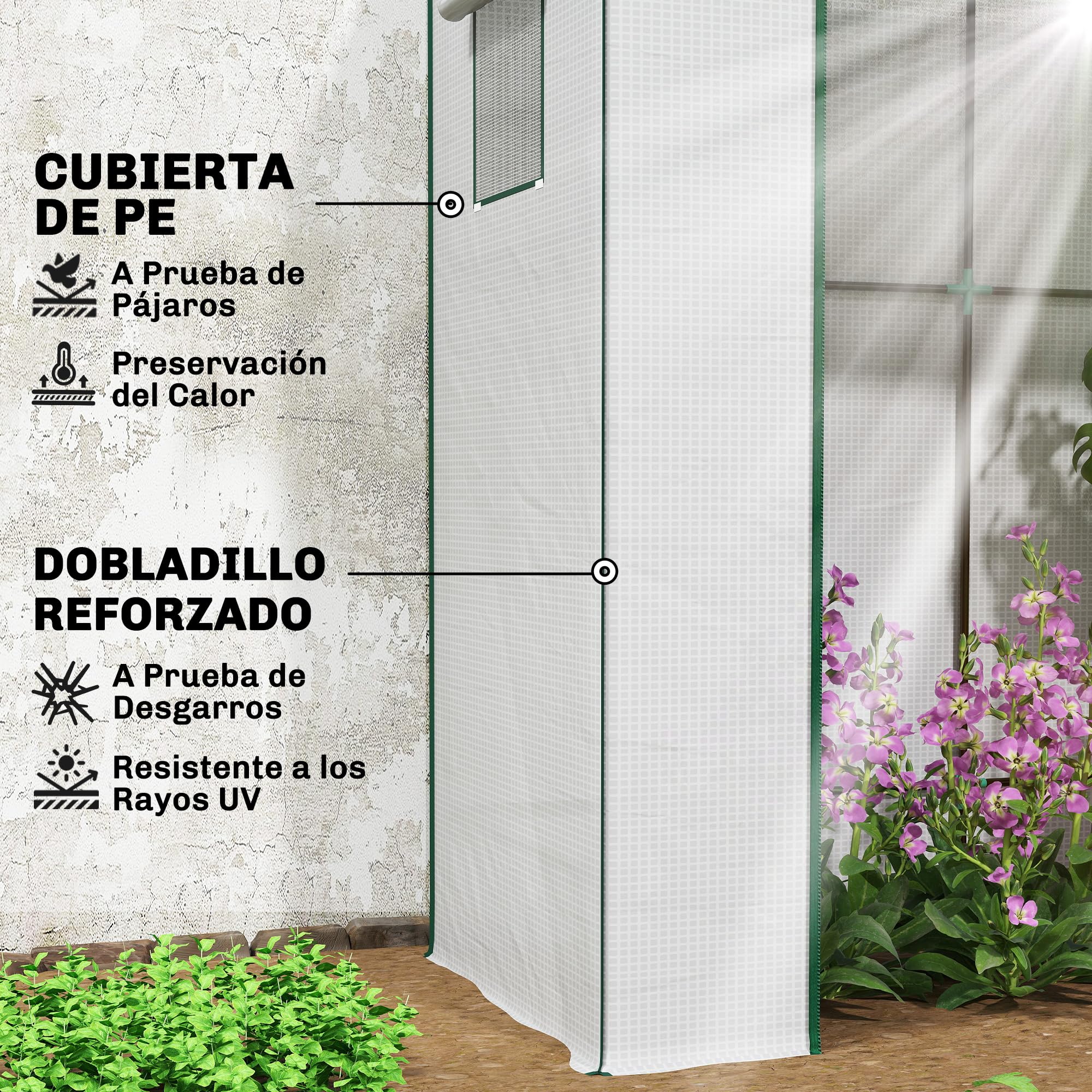 Outsunny Invernadero Pequeño Invernadero de Exterior con Ventanas de Malla y Puerta con Cremallera Marco de Acero y Cubierta de PE 140g/m² para Cultivar Tomates Plantas Flores 196x77x197 cm Blanco
