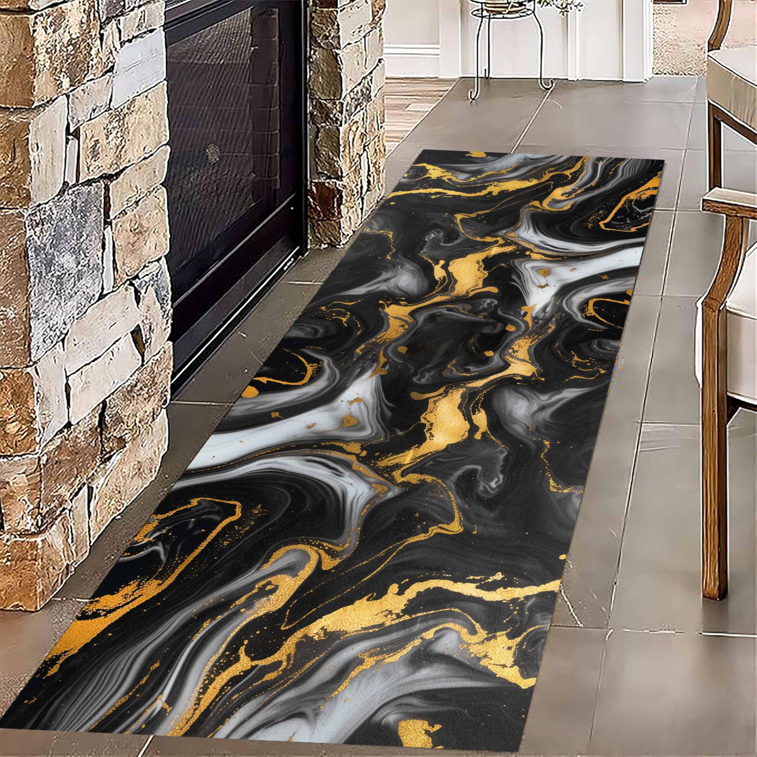 USHIRUG Machine Washable Runner Rug,60x300cm, Modern Grey Gold Marble Design Abstract Carpet, Stylish Kitchen Runner Rugs, Non-Slip Short Pile Foldable Long Rugs for Hallway Office Entry Bedroom
