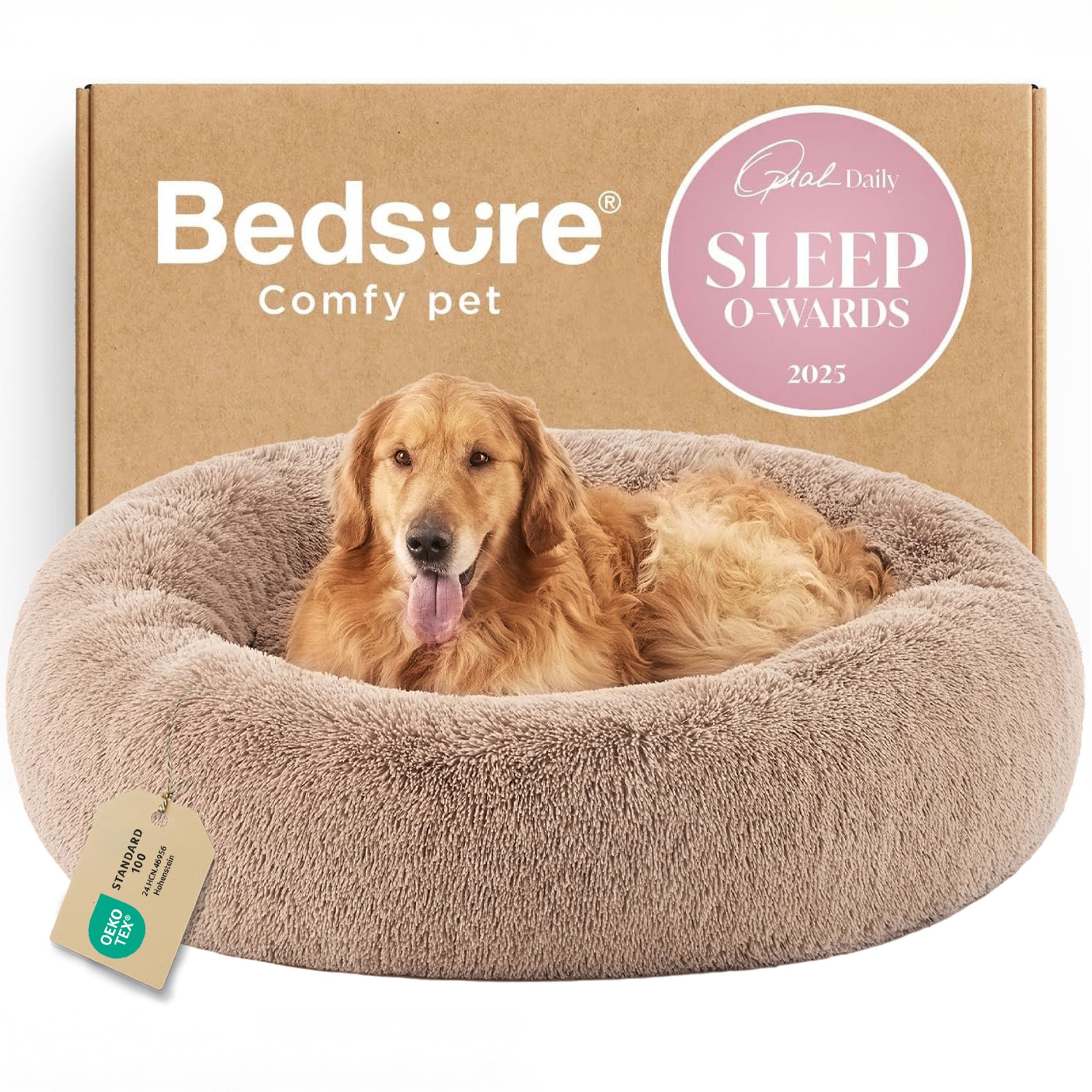 Bedsure Calming Dog Bed for Extra Large Dogs - Donut Washable Large Pet Bed, 45 inches Anti-Slip Round Fluffy Plush Faux Fur Dog Bed, Fits up to 120 lbs Pets, Camel