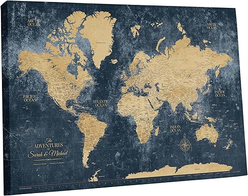 Holy Cow Canvas Personalized Push Pin World Travel Map with Pins, Gold & Navy World Map Pin Board, Push Pin Travel Map World on Canvas, Push Pin Map