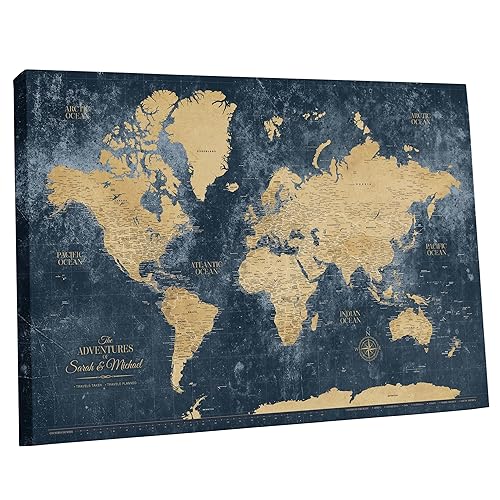 Holy Cow Canvas Personalized Push Pin World Travel Map with Pins, Gold & Navy World Map Pin Board, Push Pin Travel Map World on Canvas, Push Pin Map