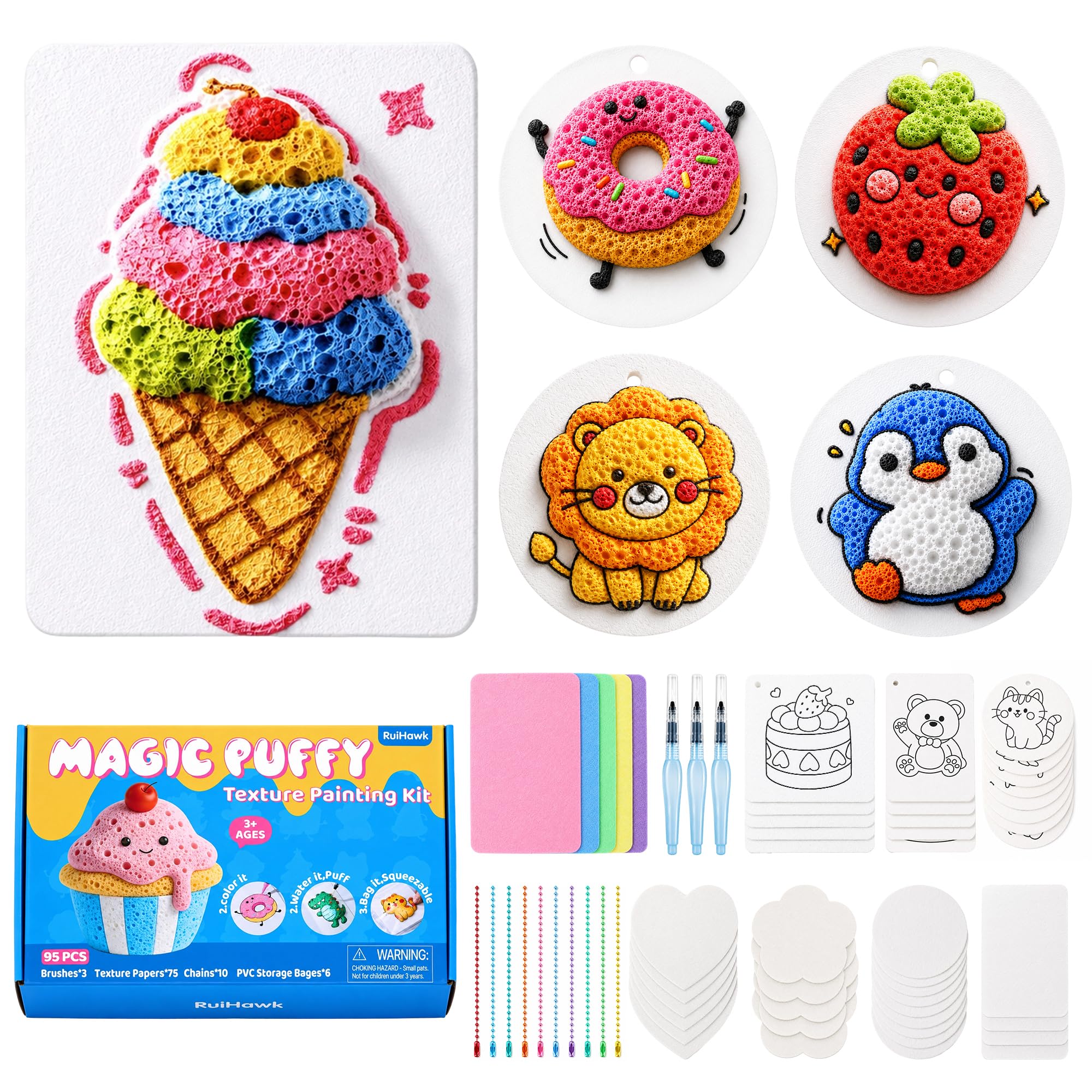 RuiHawk 95 Pcs Magic Puffy Paint Kit, 3D Foam Texture Painting Refill Set with 75 Foam Texture Paper, 3 Water Brushes, 10 Keychains – Water-Activated, No Mess, Non-Toxic for Kids Ages 5-10 & Adults