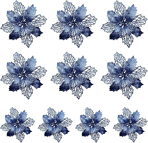Miniatura 1 de DULRLLY 10 piezas de flores de pascua azules con purpurina, flores artificiales de Navidad con clip, decoraciones de flores de Pascua para árbol de
