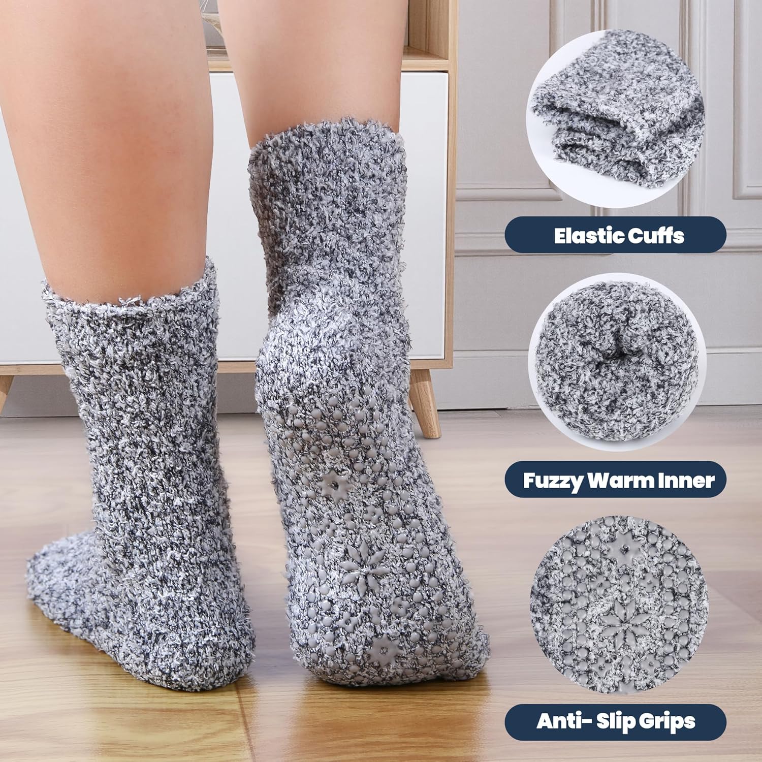 HUGSWEET 6 Pairs Thick Fuzzy Socks with Grip Cozy Non Slip Hospital Socks Home Fluffy Warm Slipper Socks Gifts for Women - Image 4
