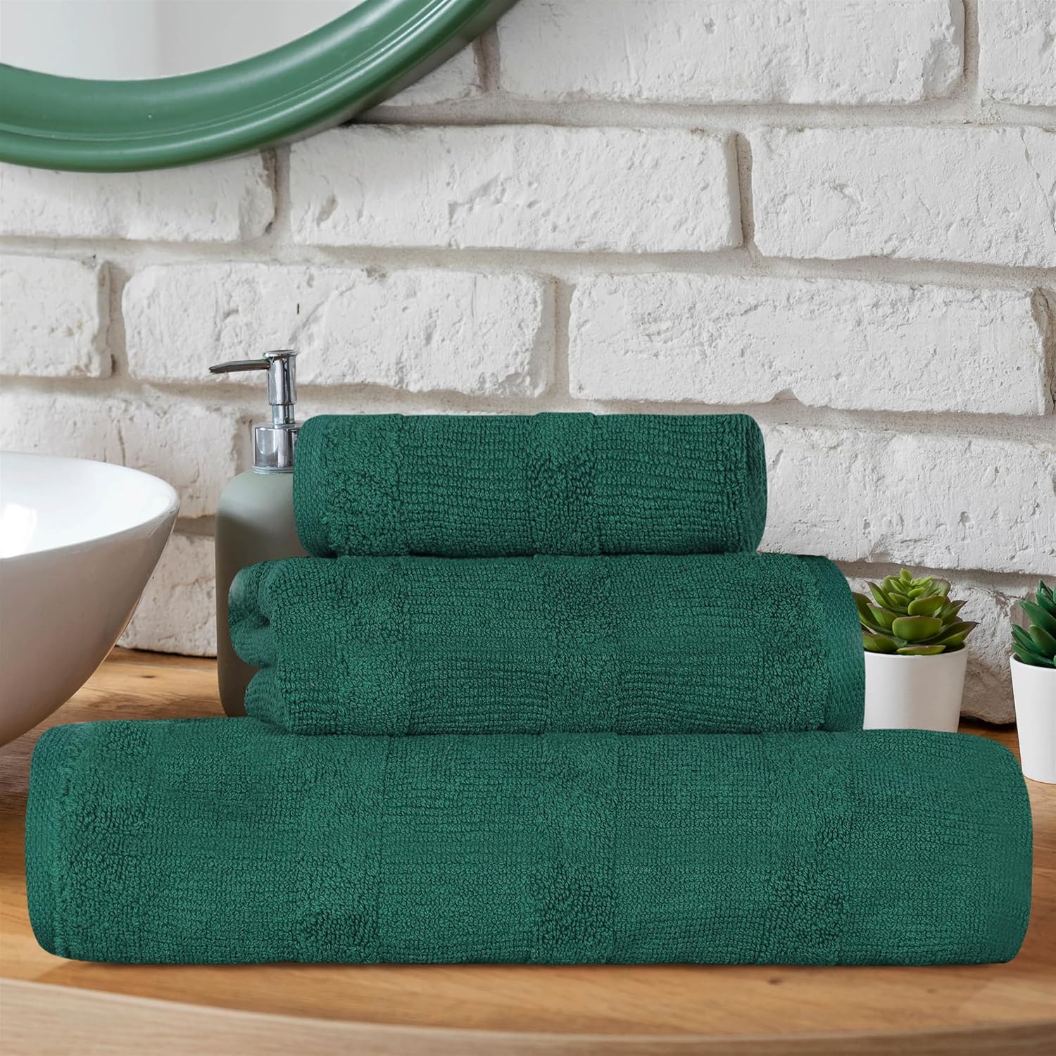 Superior Roma Cotton 3 Piece Assorted Towel Set, Highly Absorbent, Ribbed, Quick-Dry, Shower, Spa Basics, Home Essentials, Solid, Includes; 1 Bath Towel, 1 Hand Towel, 1 Face Towel, Evergreen