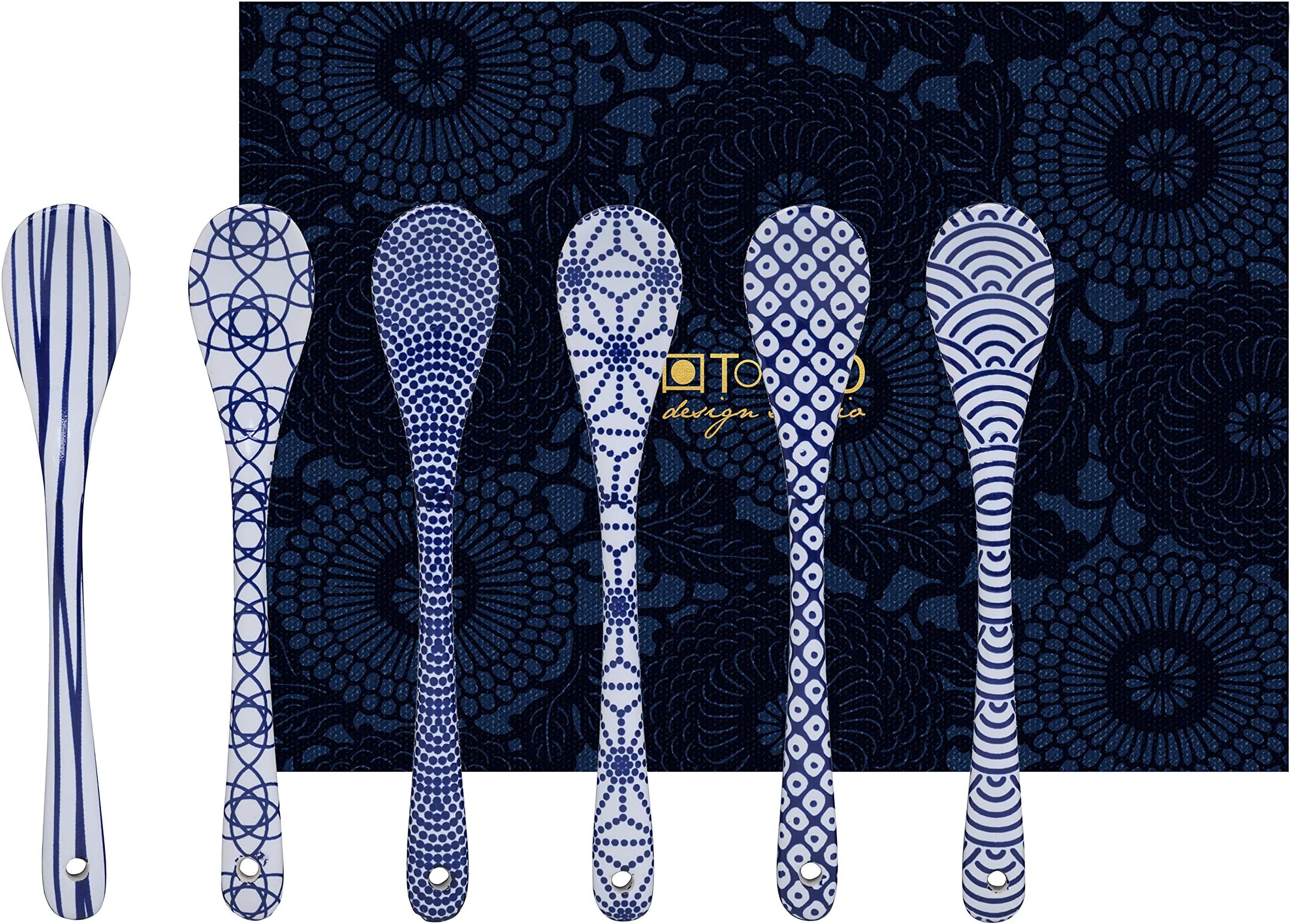 TOKYO design studio, Nippon Blue, 6 espresso spoons in a set. Porcelain spoon set.