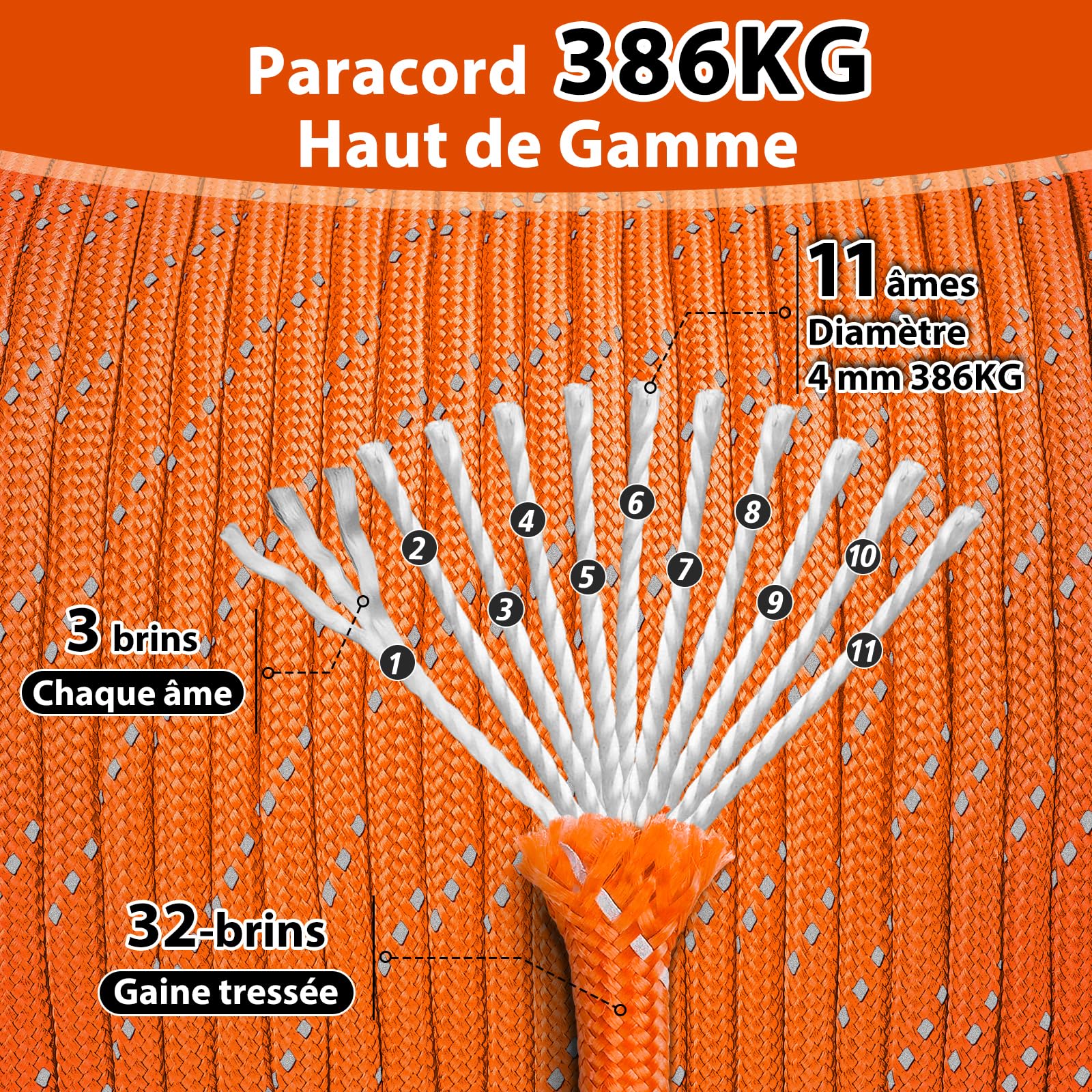 Aystkniet Corde Paracorde Réfléchissante, Corde Parachute, Orange, 305M | 11 Brins Internes, Diamètre 4 mm, Charge Max 386kg, Résiste à l'abrasion, Résiste aux UV, pour l'artisanat Camping Bricolage