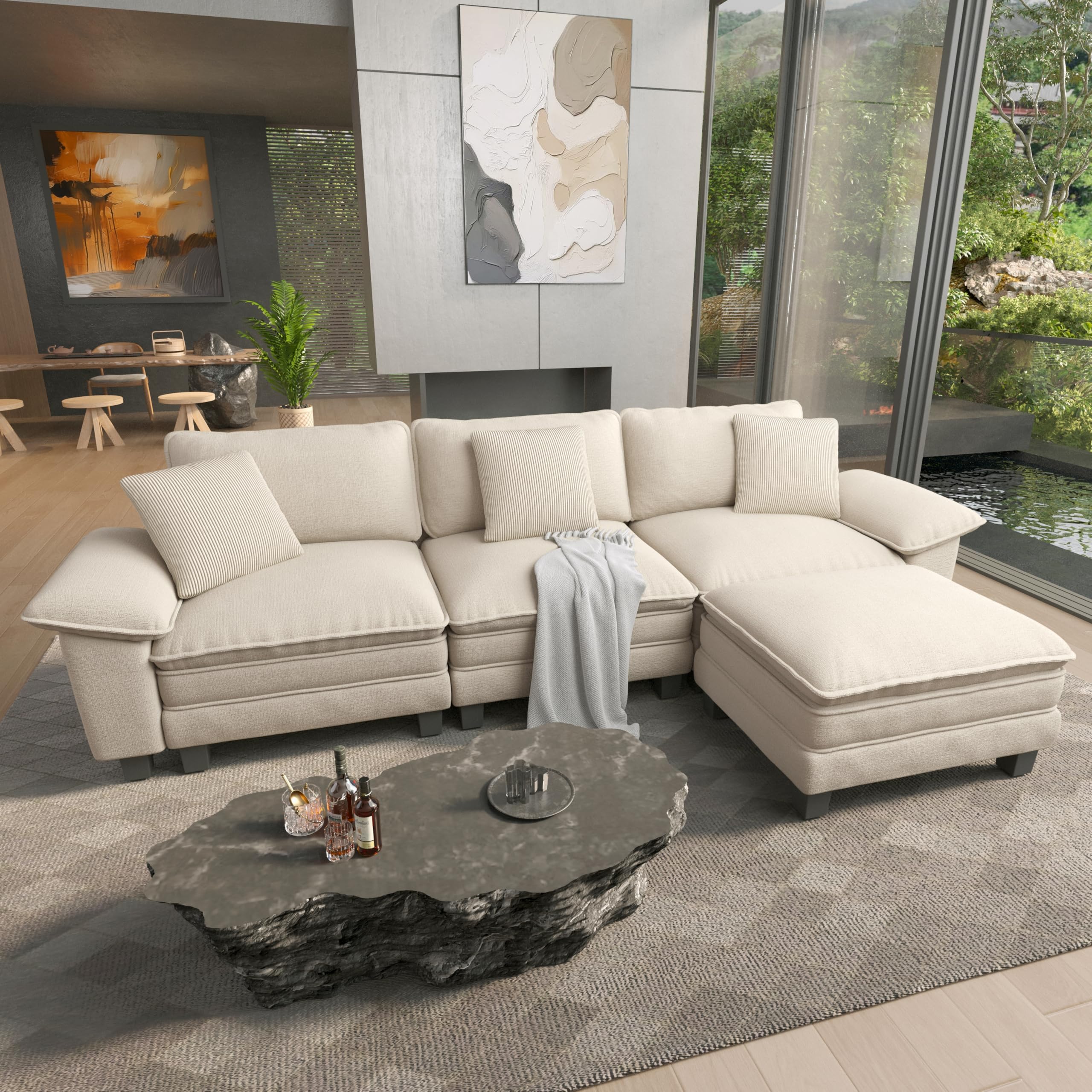 HERAS HOUSE 124 Modular Sectional Sofa Oversized L Shaped Couches for Living Room Comfy Cloud Couch with Ottoman