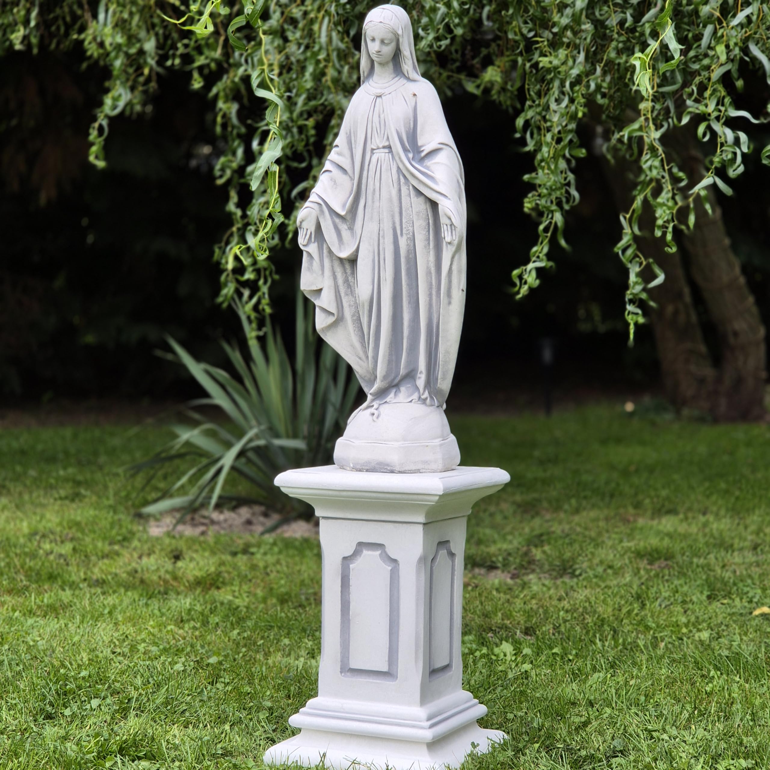 FABRIQ Statua di Santa Madonna su colonna, grande Vergine Maria in pietra massiccia (altezza 63 cm, 16 kg), per giardino e casa, regalo religioso e per la madre di Dio