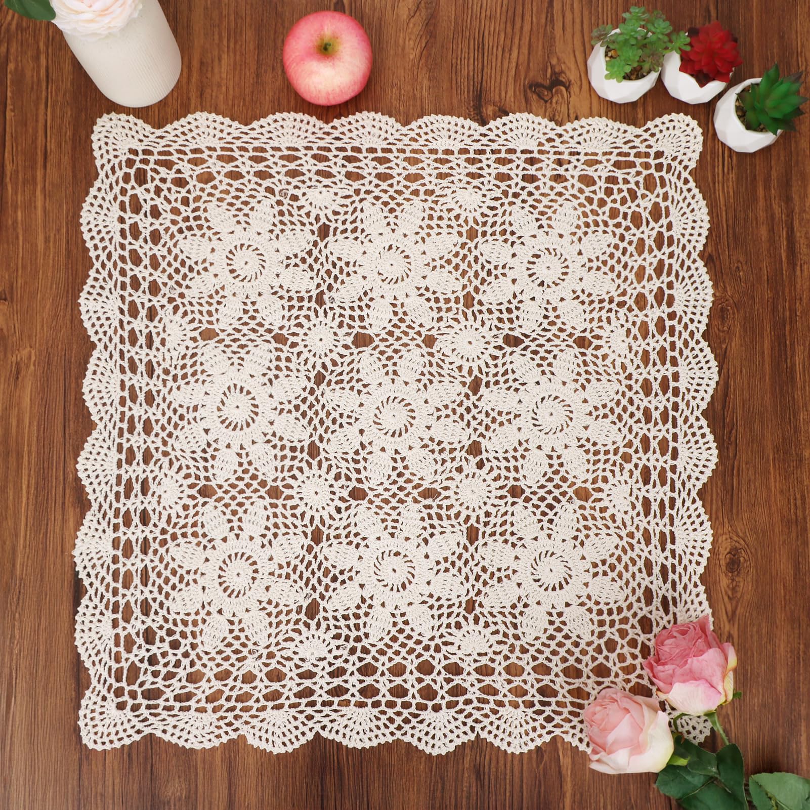Kilofly Beige Handmade Crochet Cotton Lace Table Placemats Sofa Doilies, Square, 23 Inch