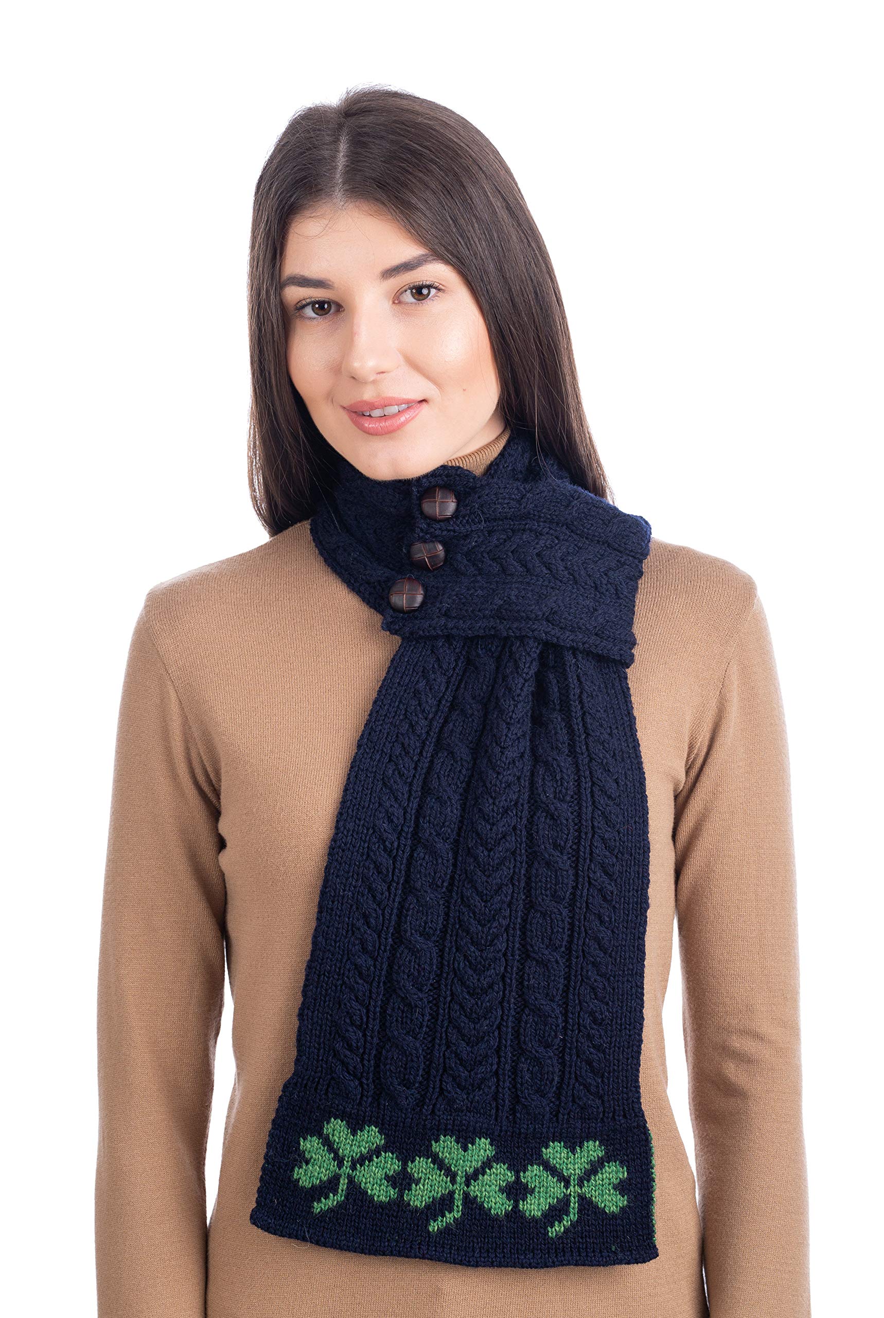 SAOL - Mujer - Bufanda Aran Loop con patrón de trébol - 100% lana merino - azul - Talla única