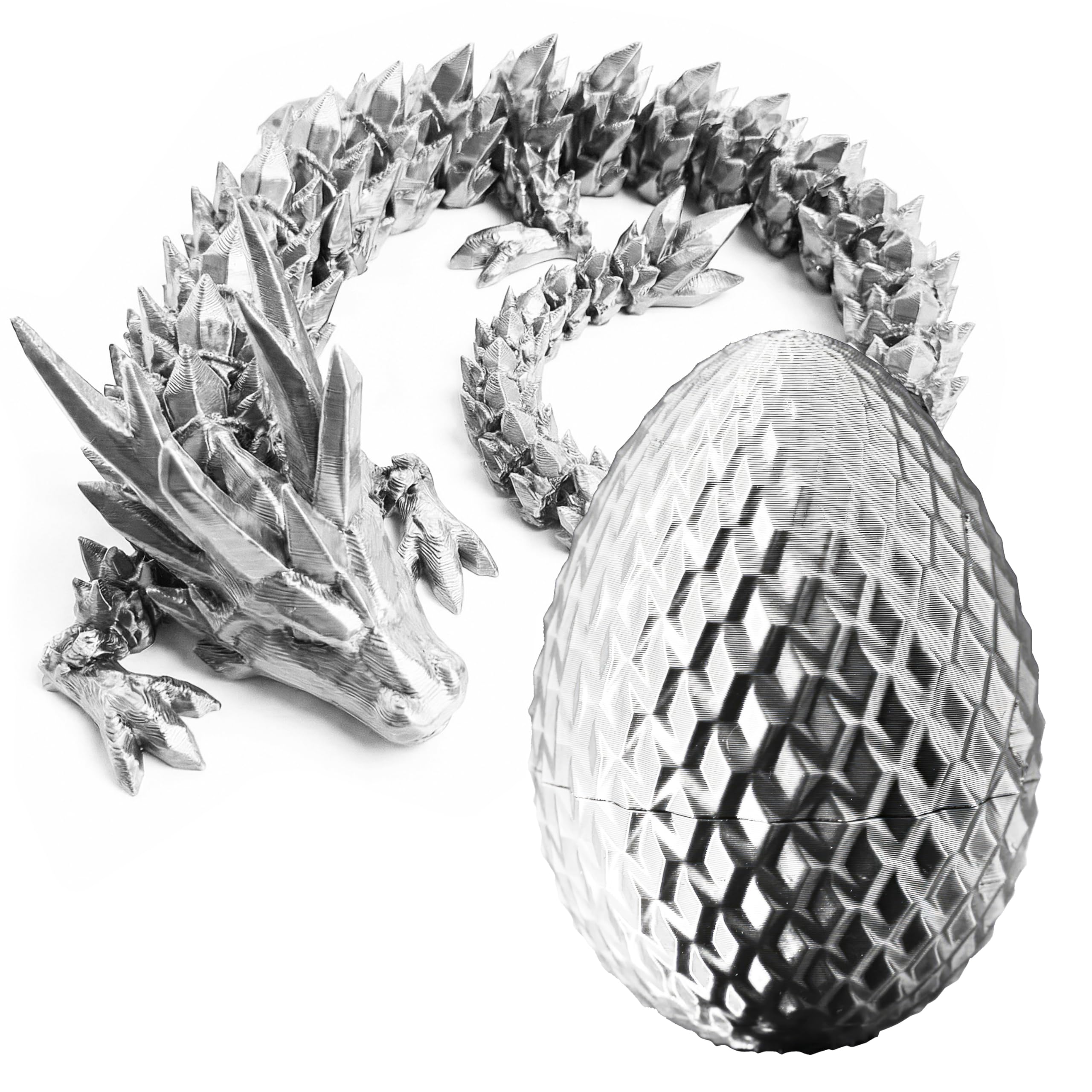 3D Printed Dragon Figurine & Egg Set – Poseable Fidget Desk Decor with Flexible Joints | Stress Relief Tabletop Ornament for Office, Home & Gaming Shelves (Silver,Small)