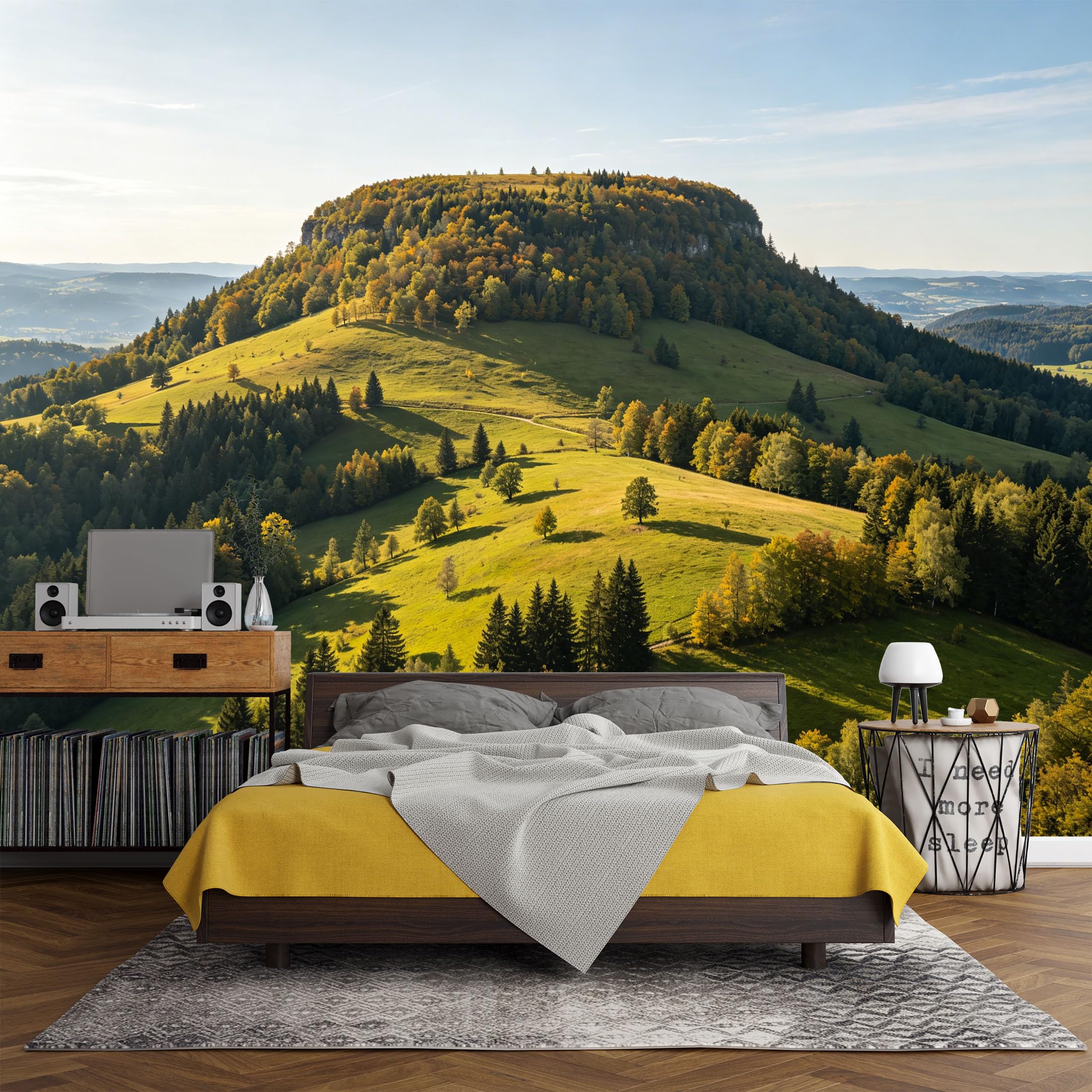 Custom Size Wall Mural， Mountain Landscape Green Valley Forest Hills Scenic Nature View，SelfAdhesive Art Prints wall Fabric (No PVC) Removable Wallpaper Living Room Decor
