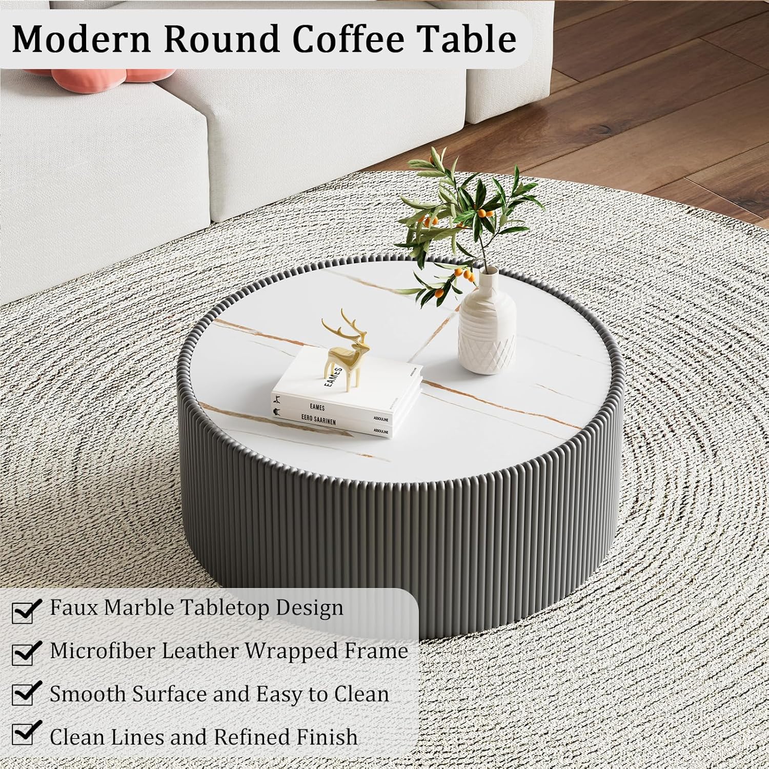 Round Living Room Table Set, 29.52" Grey Drum Center Table and 17.71" White Coffee Table Set, 2 Pieces Coffee Table Set with Sintered Stone Tabletop, Fluted PU Leather Covered and StableBase