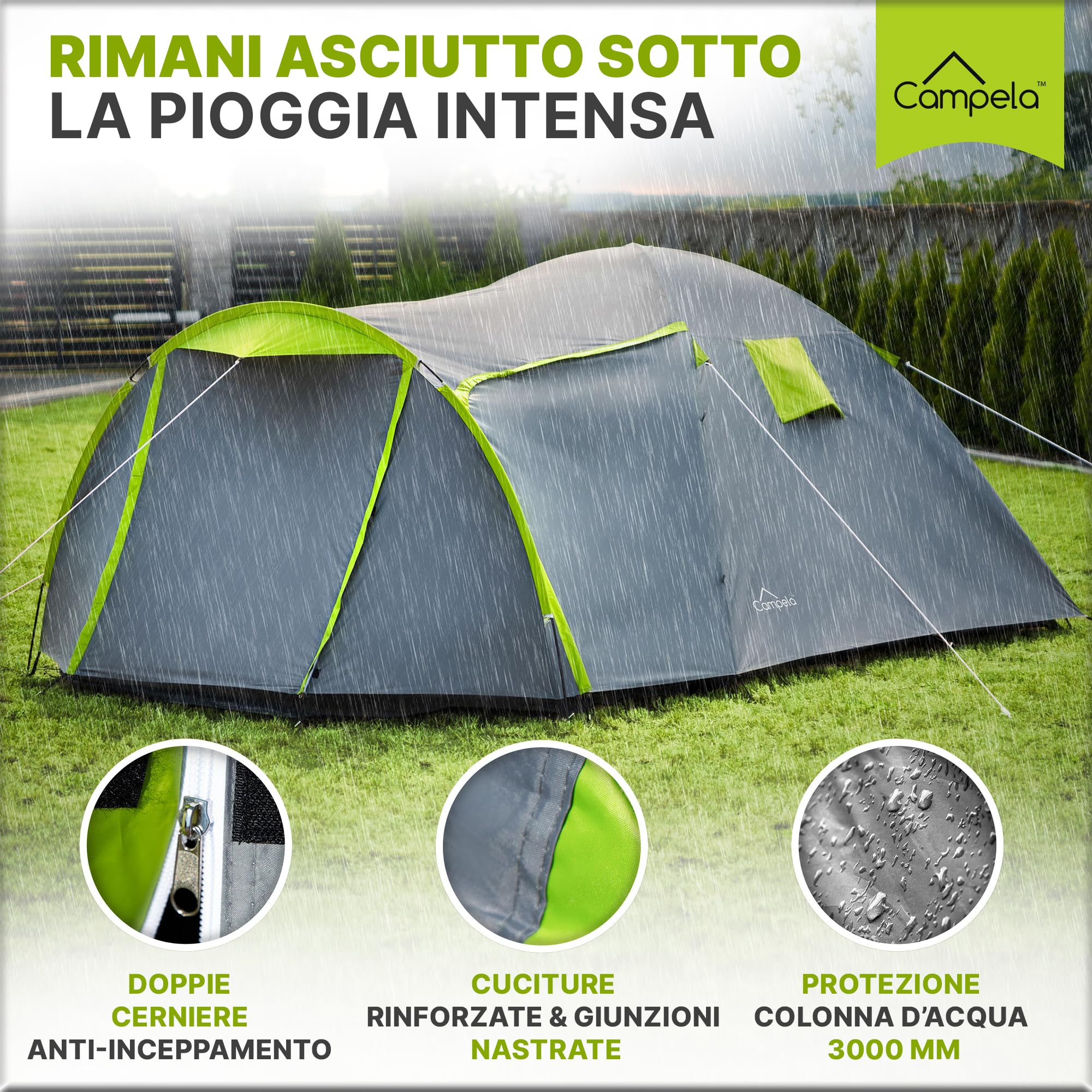 Tenda da Campeggio 4 Posti Impermeabile 3000 mm Doppio Tetto Vestibolo Ampio 2 Ingressi Zanzariera Poliestere 190T Telaio Fibra di Vetro 4,1 kg