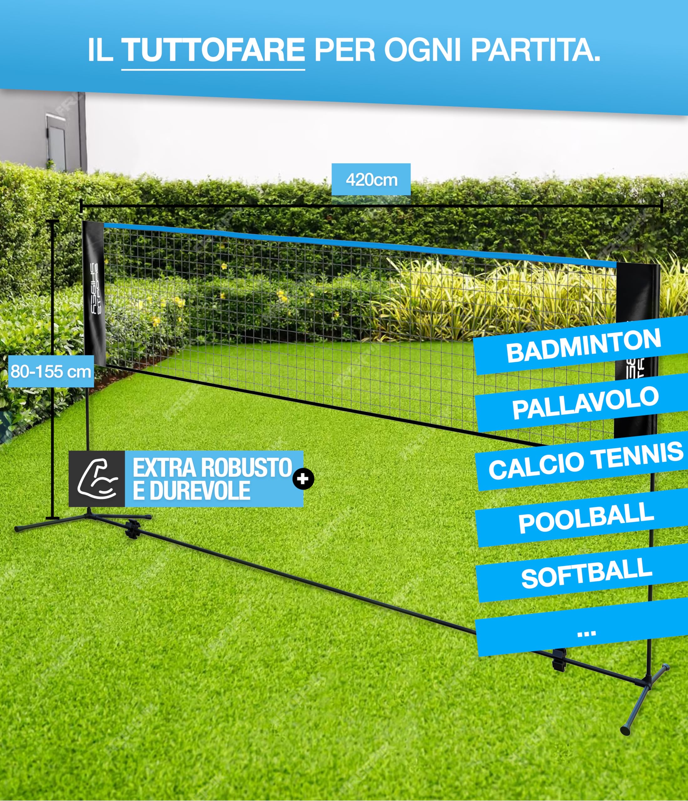 PHIBER-SPORTS Rete da badminton, rete da volano – 420cm, regolabile in altezza su 3 livelli + tabellone segnapunti – anche come rete da tennis, rete da pallavolo per piscina, calcio-tennis – inclusa