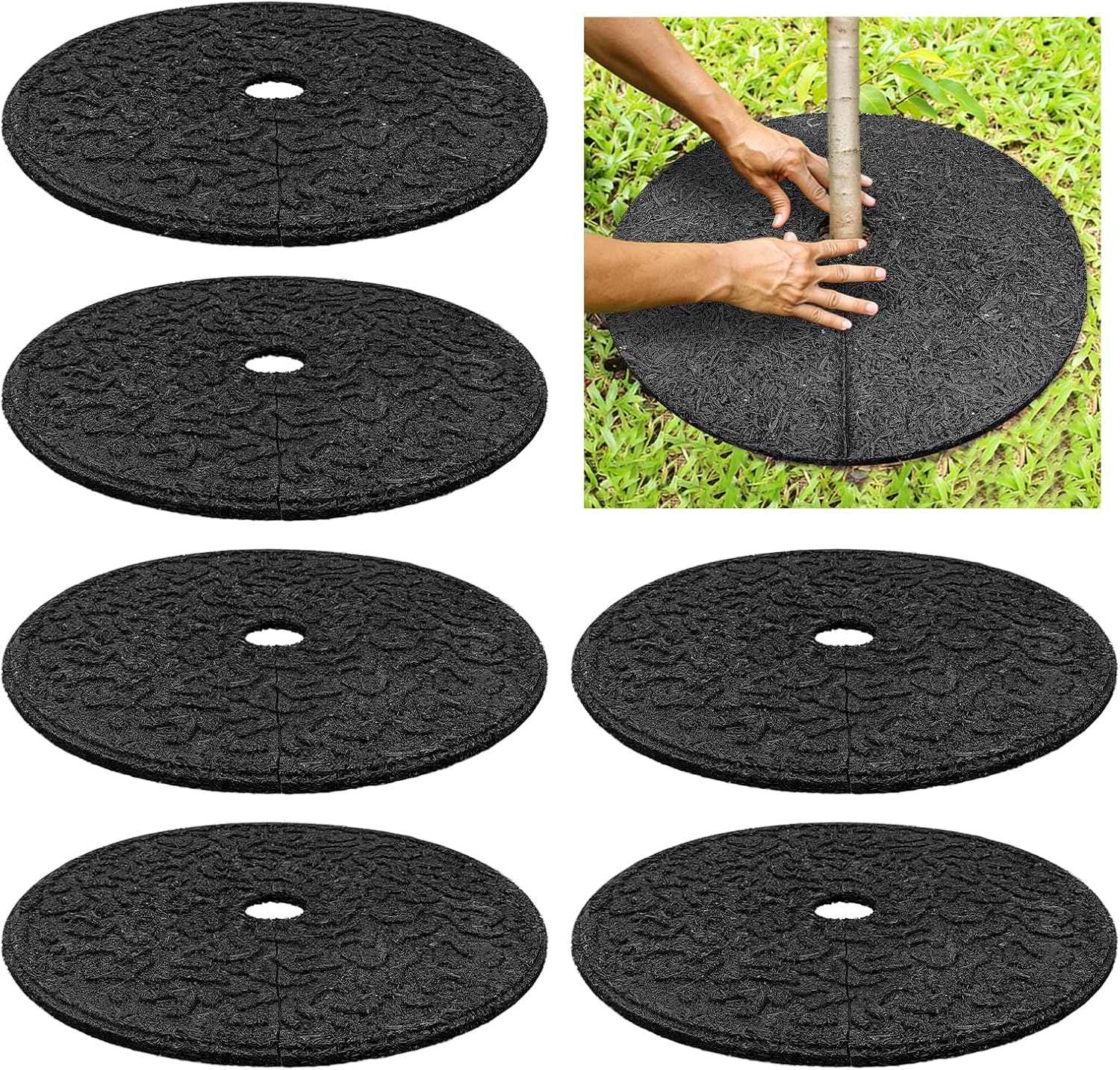 6 Pcs 24 Inches Black Rubber Mulch Tree Ring Heavy Duty Rubber Mulch for Landscaping Tree Protector Weed Barrier Mats Round Root Barrier for Weed Grass Control Root Protection