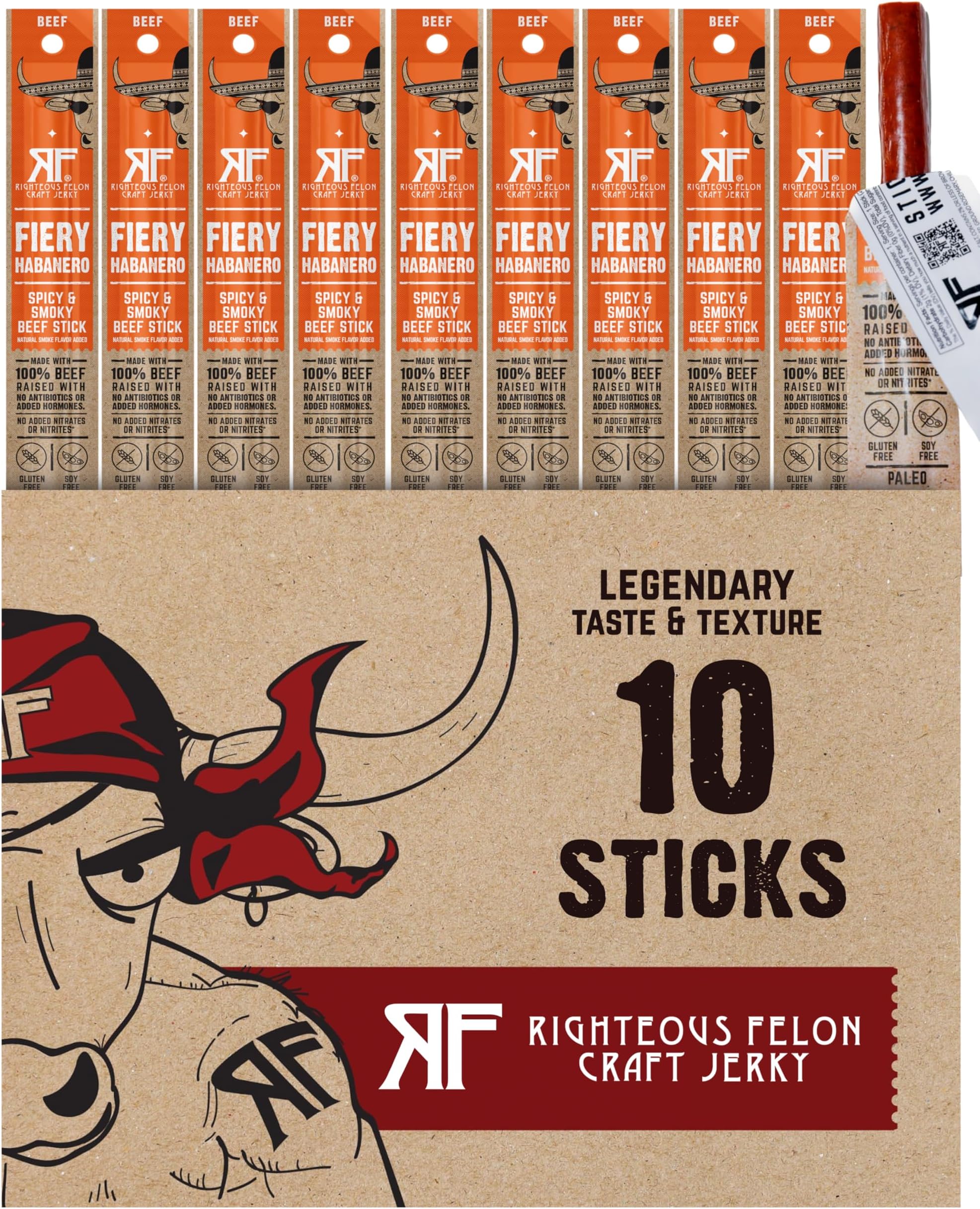 Righteous Felon Meat Sticks | 100% Beef Sticks | Gluten Free & Keto Meat Sticks | Low Sugar & High Protein Beef Sticks | Healthy Snack for Adults | Jerky Gifts for Men | Fiery Habanero, 10 Pack