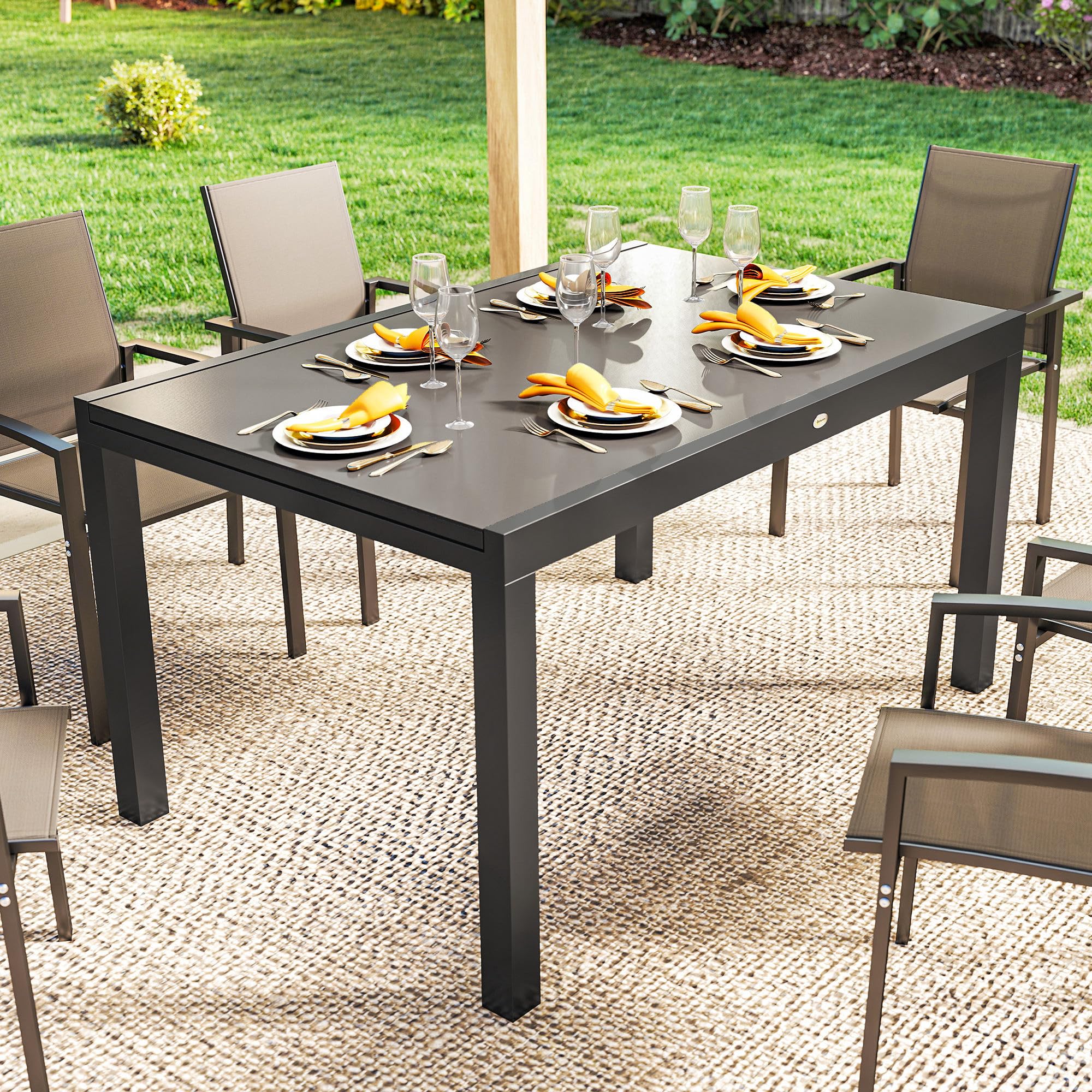 Outsunny Tavolo da Giardino Allungabile per 8-10 Persone 140/240x90 cm, Tavolo da Pranzo Estensibile Rettangolare con Piano in Vetro Temperato, Tavolo da Esterno per Patio Terrazzo Balcone, Nero