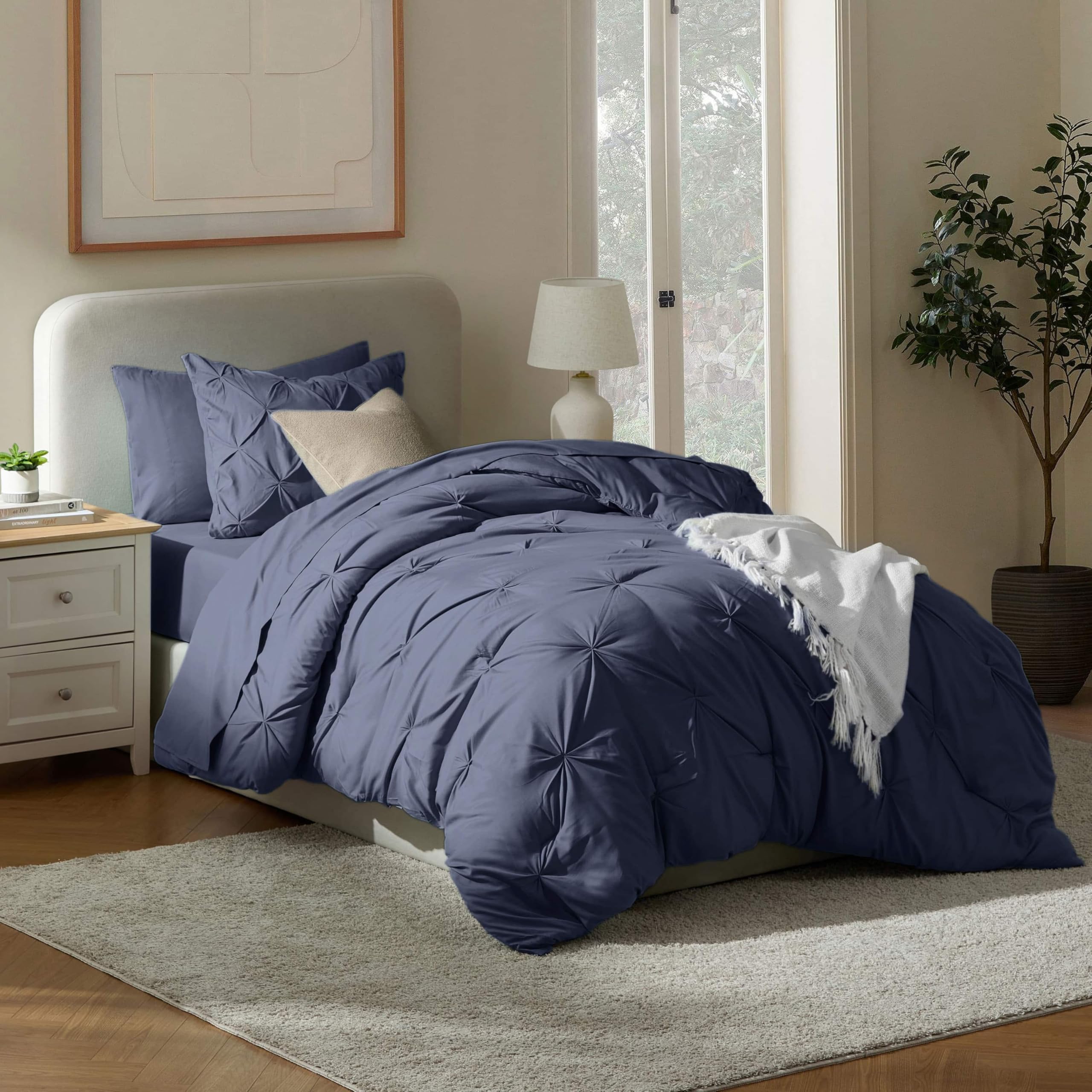 Nestl Twin Comforter Set 5 Piece - Pintuck Twin Bedding Sets Navy, College Dorm Room Essentials for Girls and Boys Bed in a Bag Twin All Season, Twin
