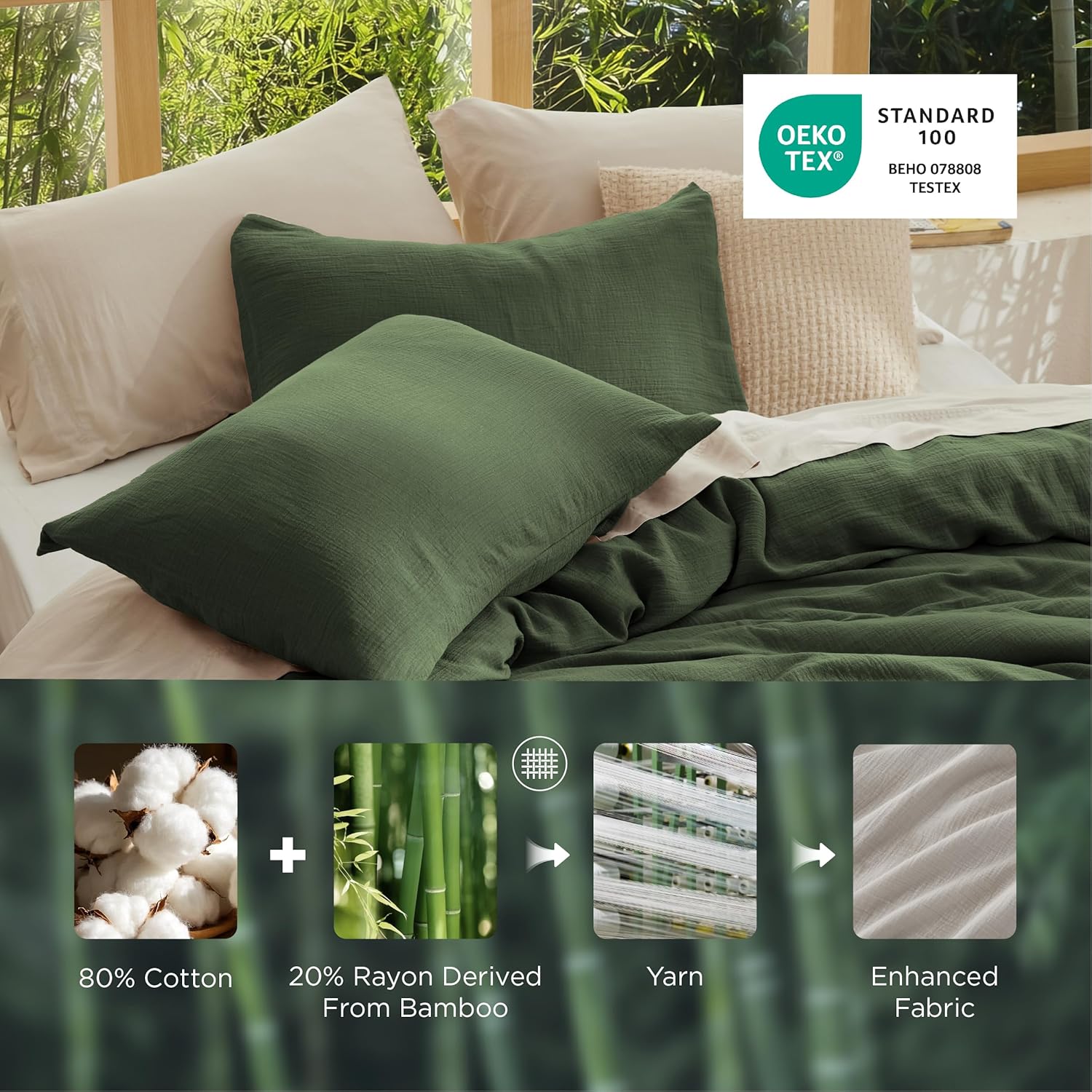 Bedsure Muslin Duvet Cover King Size - Cotton Blend Rayon Derived from Bamboo, Cooling Duvet Covet for Hot Sleepers - Ultra-Soft & Breathable Bedding Set for All Seasons(Olive Green, 104"x90") - Image 3