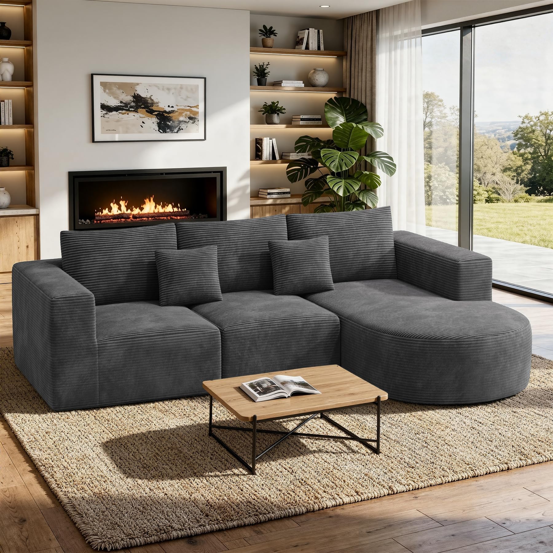 Hawthyhome Sofa with Sleep Function, Frameless Corner Sofa, L-Shape Couch, Installation-Free Corduroy Fabric Corner Sofa with Right Chaise Lounge for Living Room, 3-Seater, 264 x 177 x 59 cm, Grey