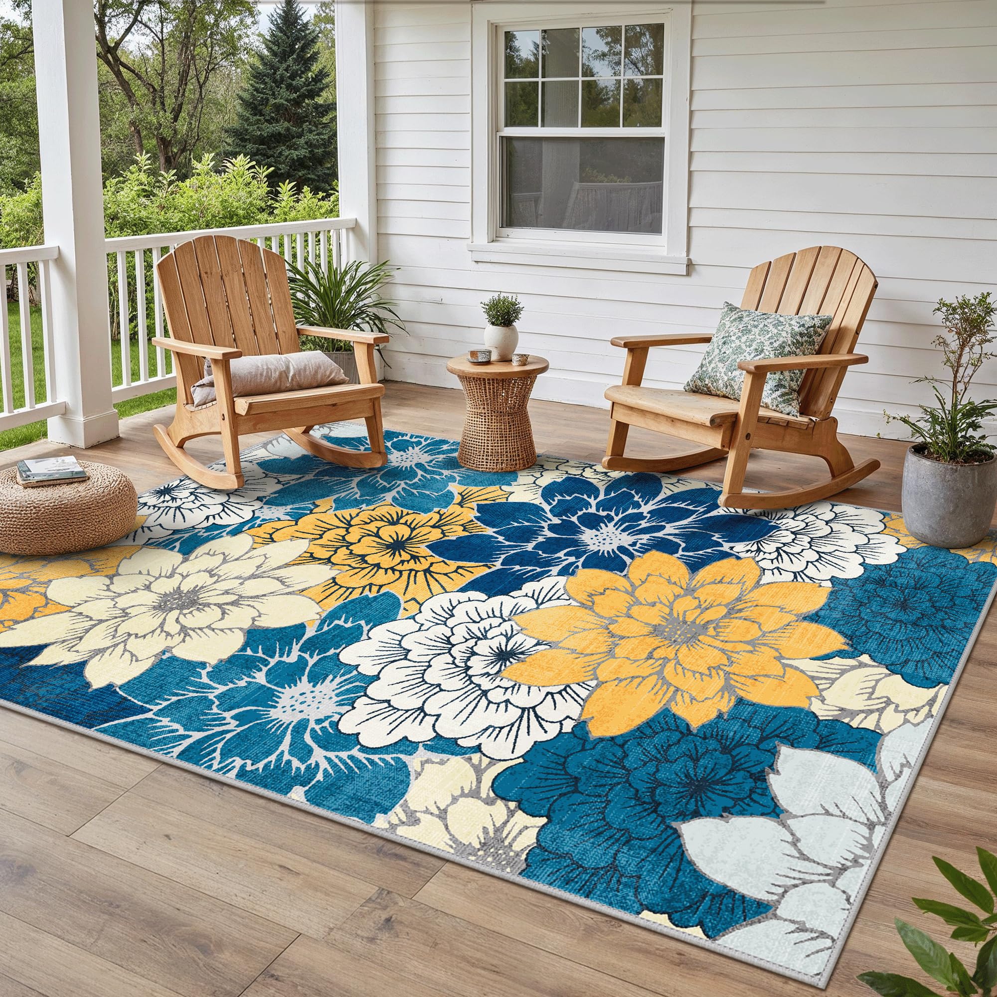 GENIMO Indoor Outdoor Area Rug 6' X 9' Waterproof, Washable Patio Rug Non Shedding, Easy Cleaning Floral Outdoor Carpet for Living Room, Bedroom,