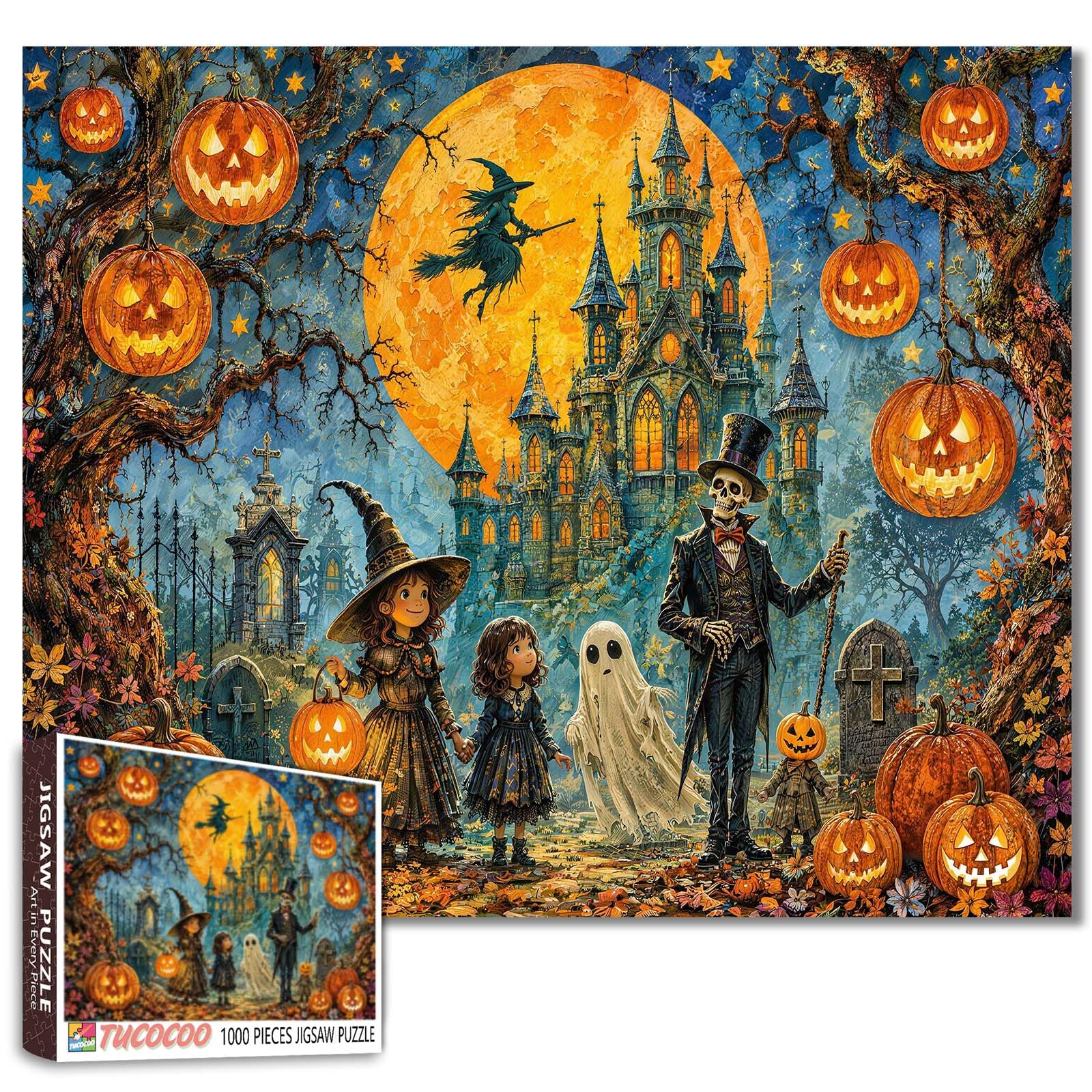 Halloween Jigsaw Puzzles 1000 Pieces for Adults, Families(skeleton gentlemen,ghost,Witch,Hanging jack-o'-lanterns) Pieces Fit Together Perfectly 19.7''x27.6''inch Frameable Freedom Puzzle Art