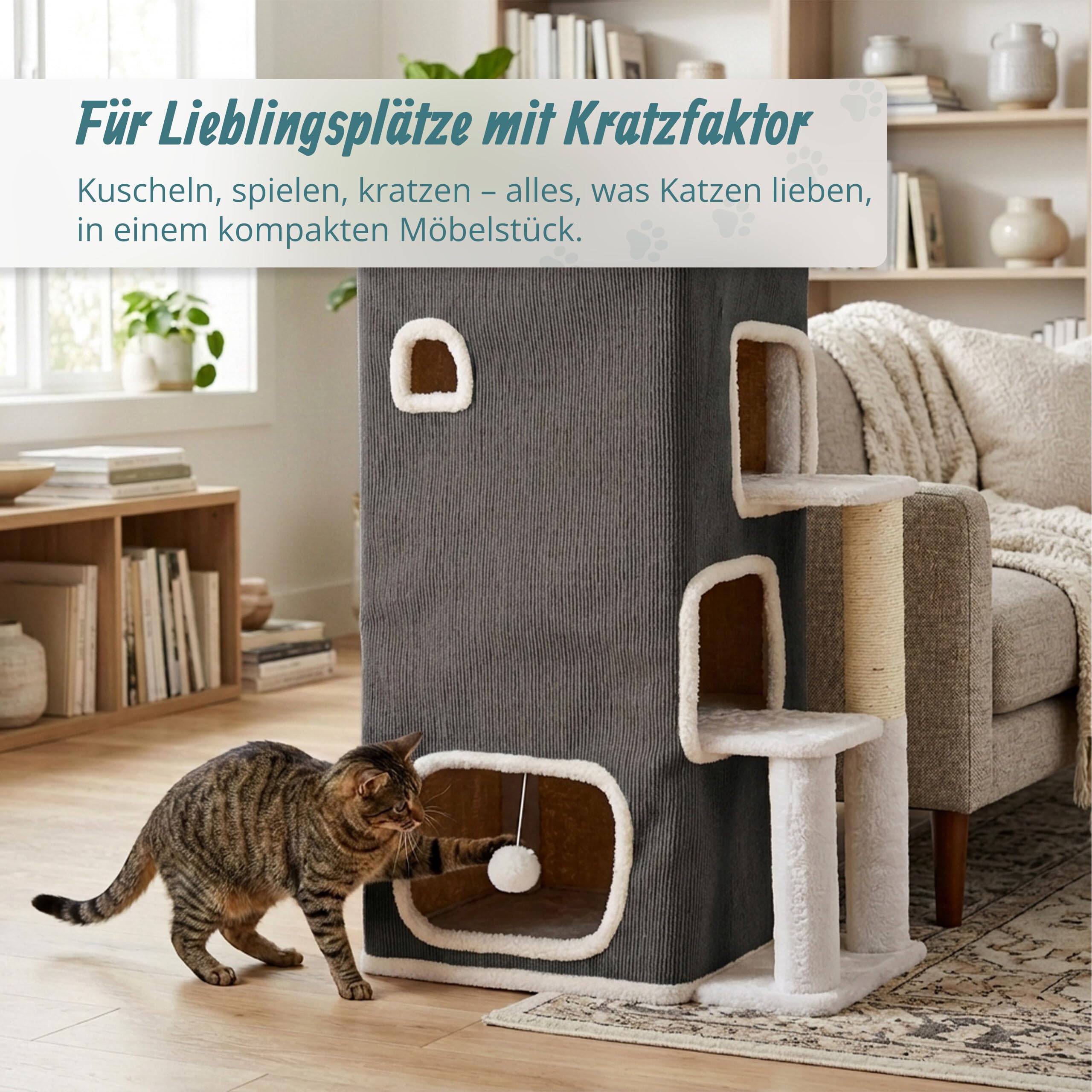 Relaxdays Katzenhaus 3-stöckig, Katzenhöhle mit Ball & Kratzbaum, grau