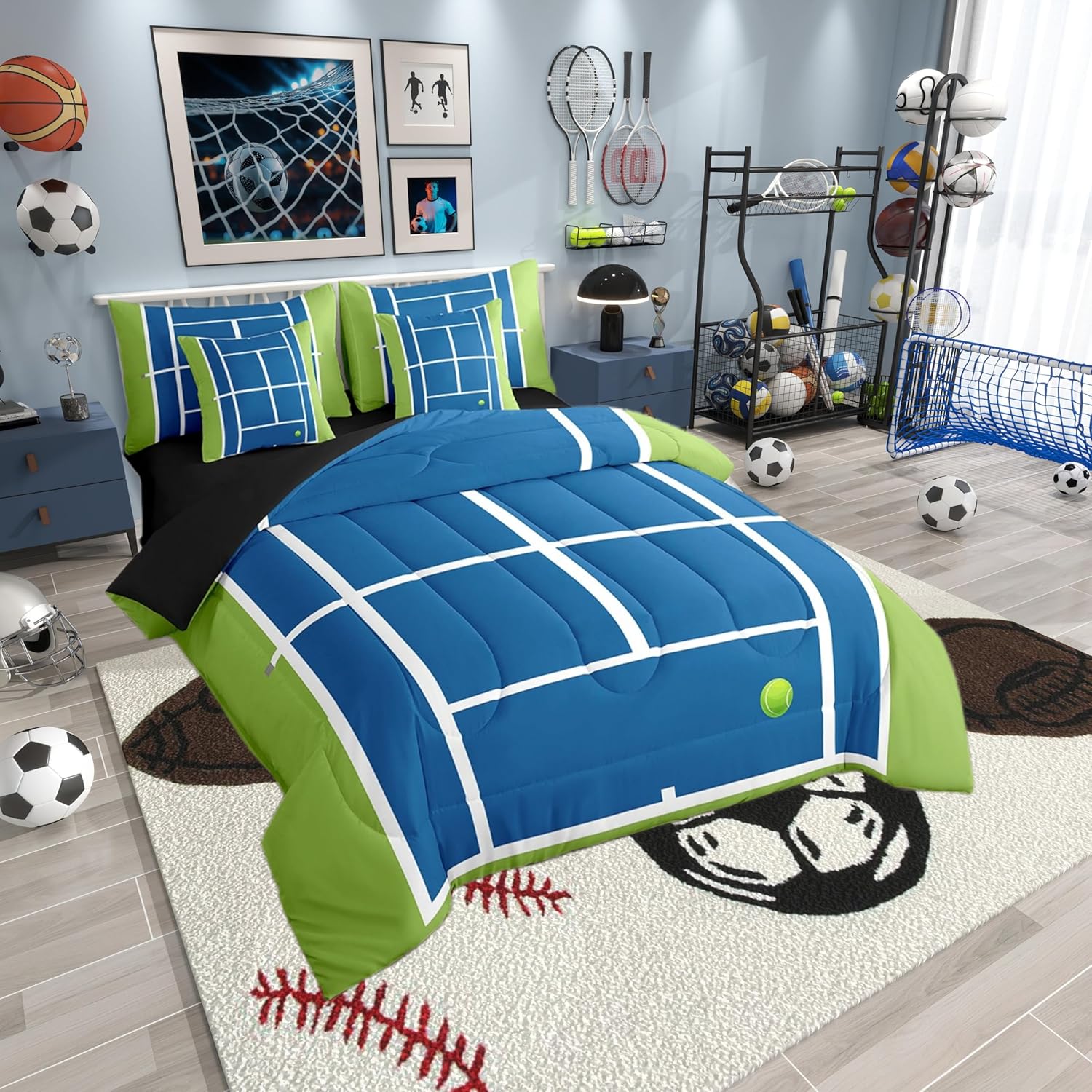 Manfei Tennis Court Bed Set in a Bag 7 Pcs,US Tennis Competition Sports Game Field Bedding Set,Geometric Stripes Patchwork Blue Green Comforter with Fitted,Flat Sheet,Pillowcase,Pillow Covers,Twin