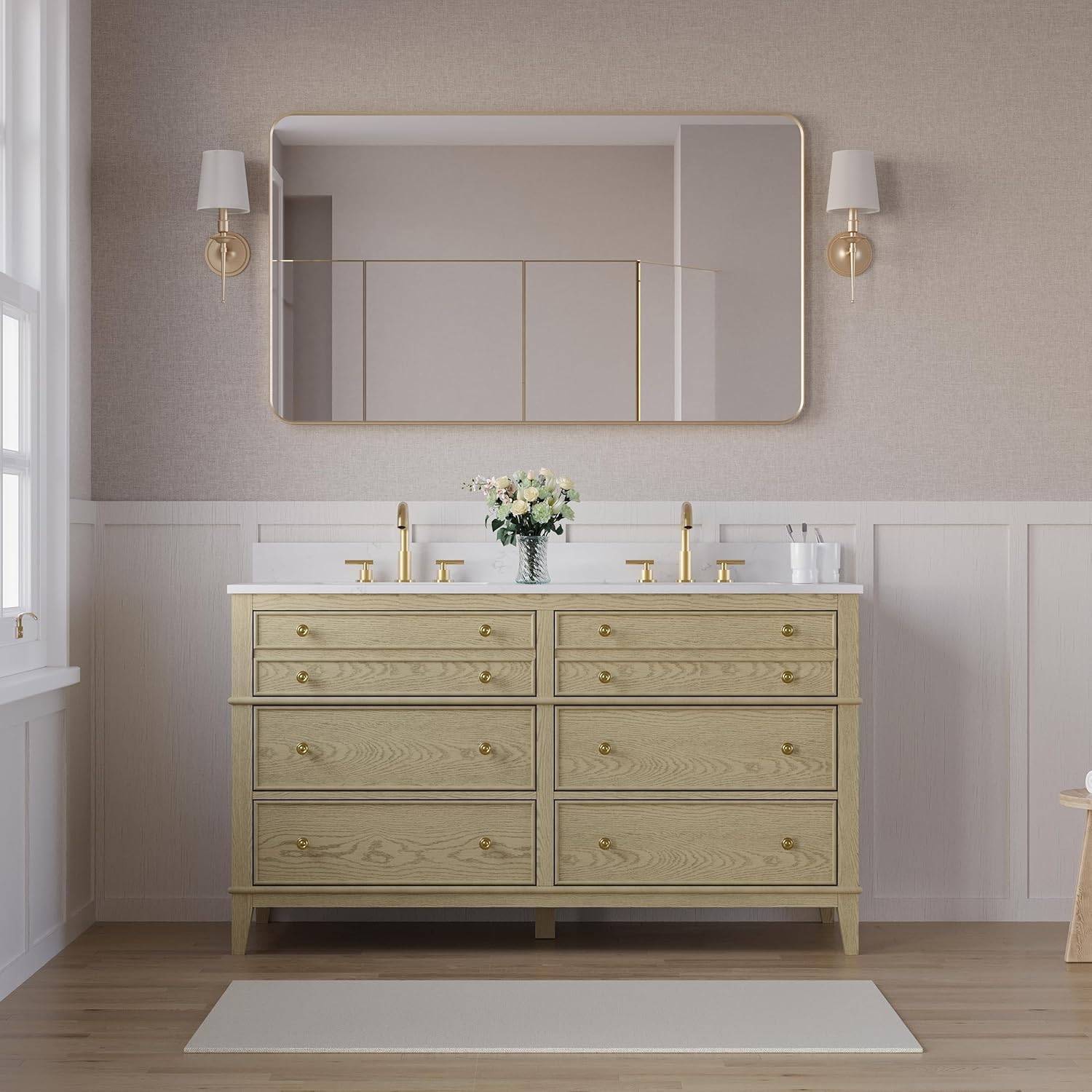 WELLFOR 60" Bathroom Vanity with Double Sinks, Freestanding Wooden Bathroom Vanity with 6 Soft-Close Dovetail Drawers, Metal Alloy Hardware, Solid Wood Bathroom Vanity with Carrera Marble Vanity Top