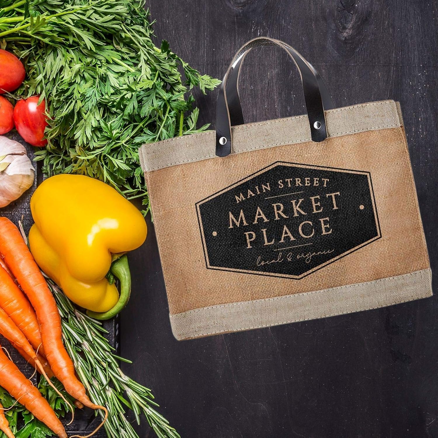 Santa Barbara Design Studio Main Street Farmers Market Tote, Reusable Burlap Grocery Bag with Leather Handle, Purse for Beach or Picnics, Food Lovers Gift Idea, 12.5 x 9.5 Inches