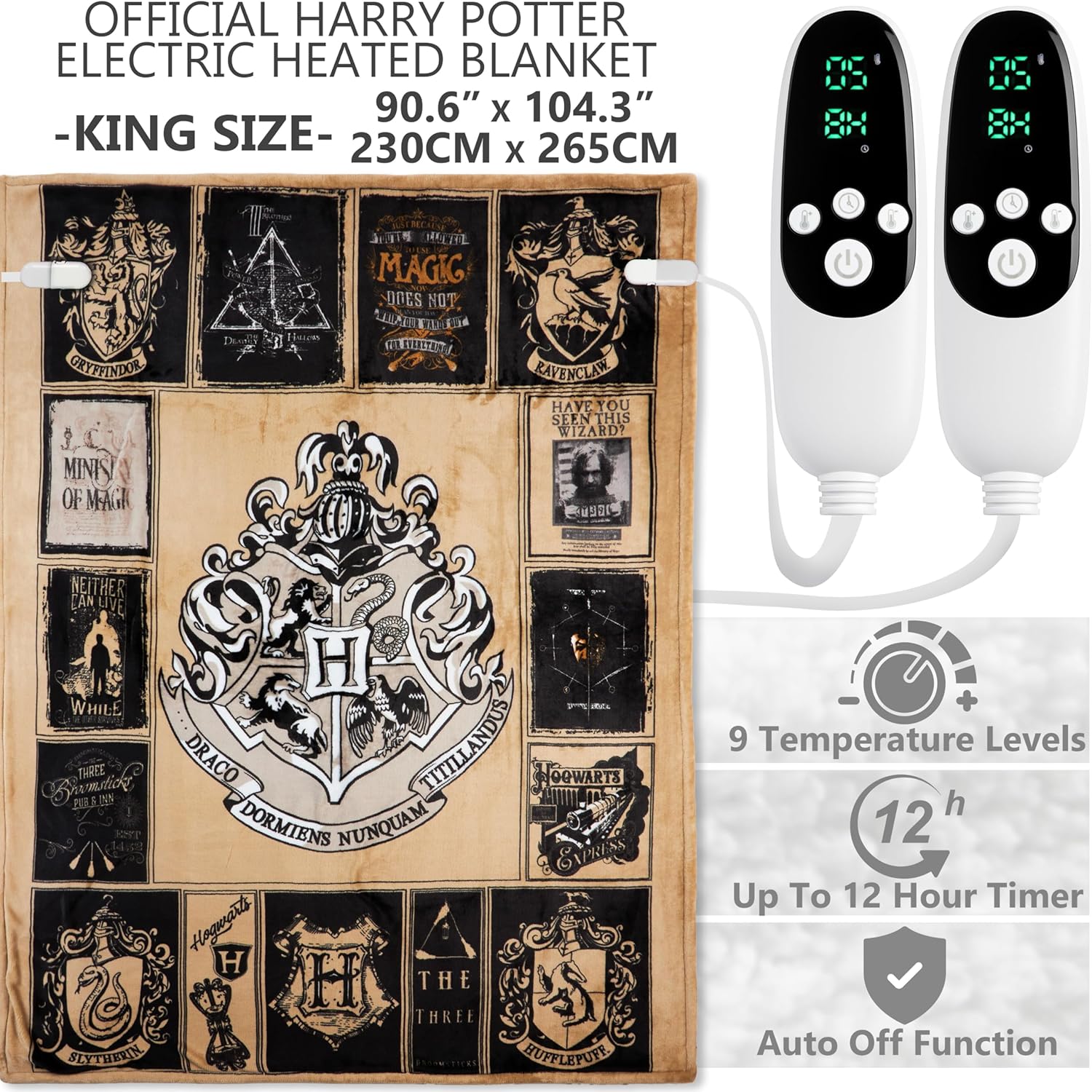 harry potter gifts heated blanket electric, king size luxurious soft fleece weighted blanket, heating with 9 heat settings & auto shut-off, 90x105in (multi harry potter, king us) multi harry potter king us