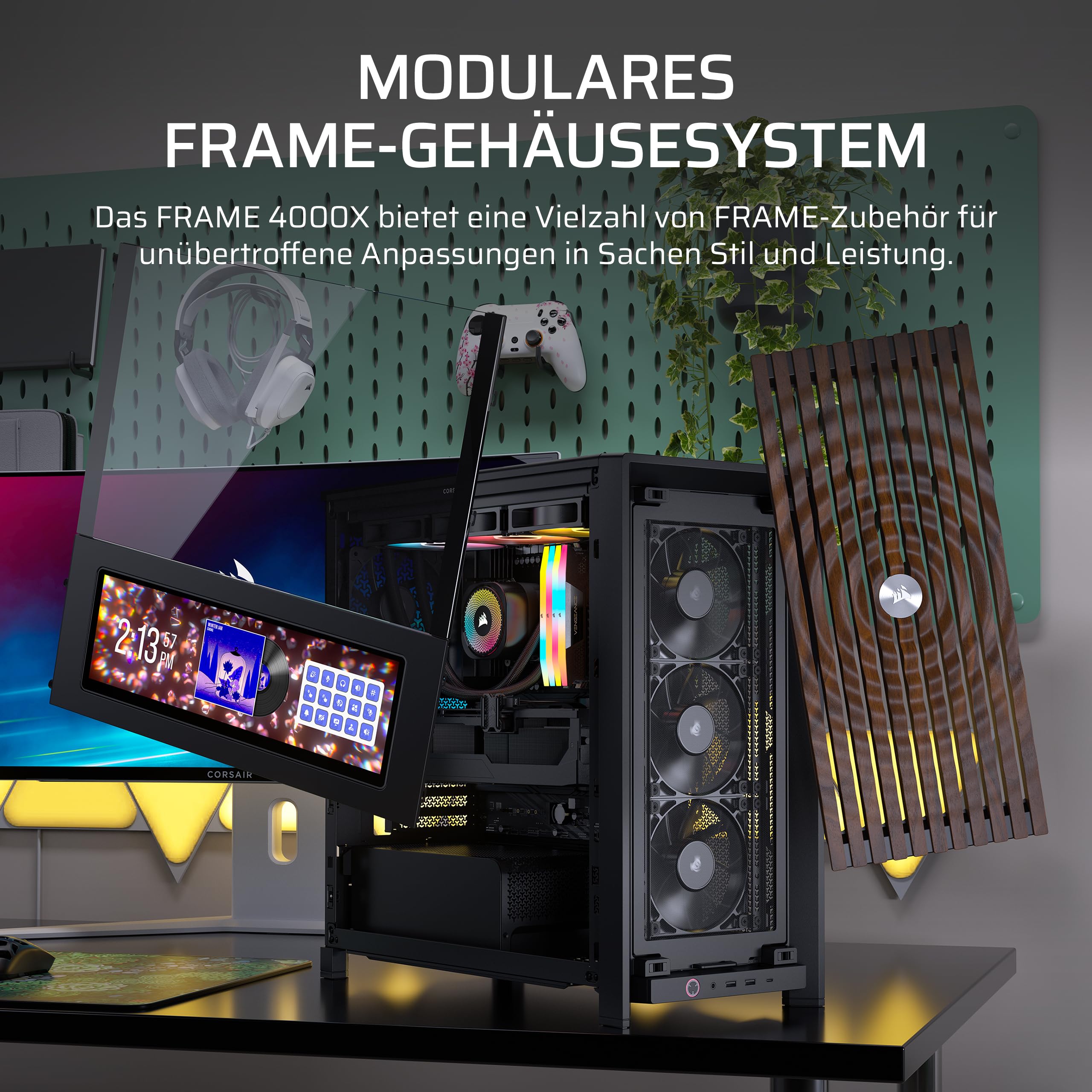 CORSAIR Frame 4000X RS Modulares Mid-Tower-ATX-PC-Gehäuse – Schwarz | RGB-Frontpanel, 4x RS120 PWM-Lüfter Enthalten, InfiniRail-Lüfterhalterungssystem, GPU-Anti-Sag-Stabilisierungsarm
