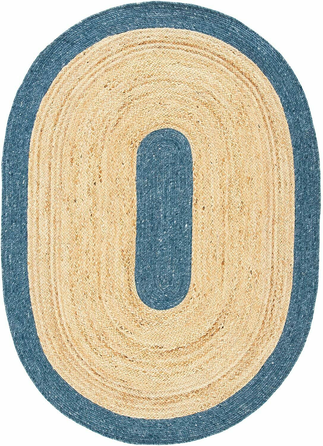 Tapis Ovale en Jute Naturelle tressée à la Main pour décoration d'intérieur, Salon (150 x 240 cm) Beige avec Bordure Bleue