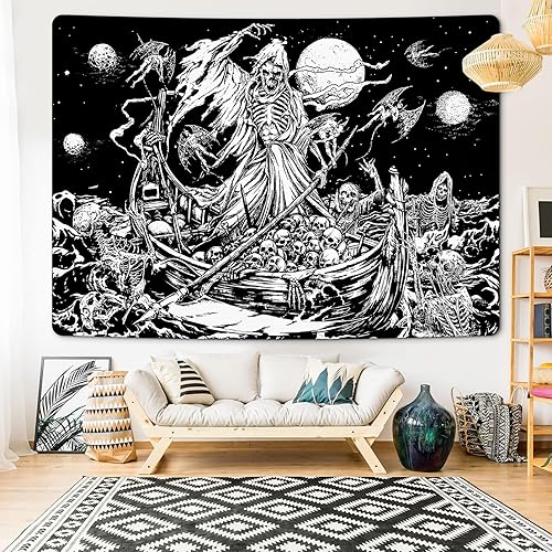 Miniatura 2 de Krelymics Tapiz de calavera de terror, murciélago de terror, tapiz de barco de remo en blanco y negro, tapiz de esqueleto, tapiz gótico, tapiz