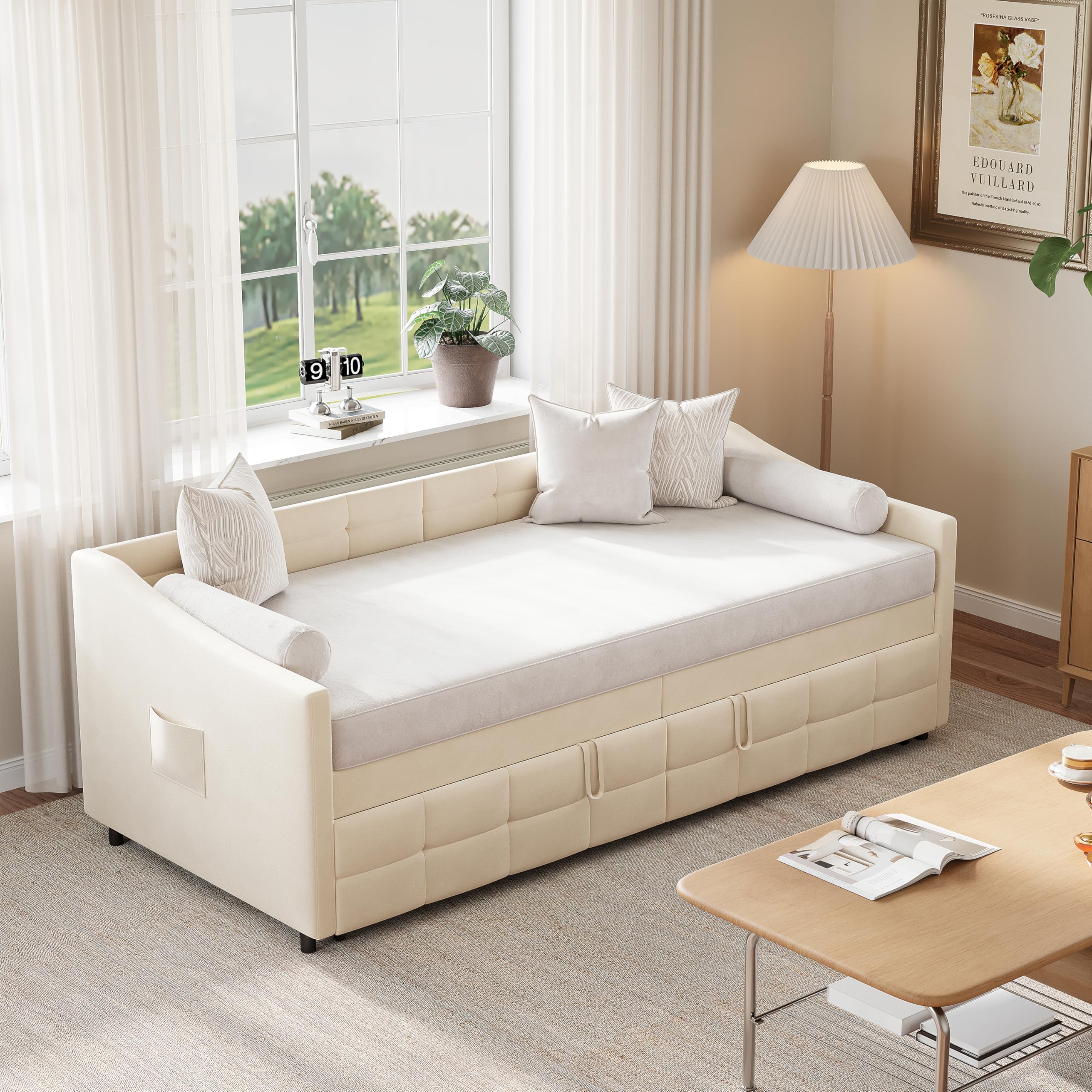 Sofá cama Convertible 90 x 200 cm con cama nido y sofá cama de 2 plazas con somier de láminas, marco de cama acolchado para adolescentes adultos, terciopelo, sin colchón (Beige 3)