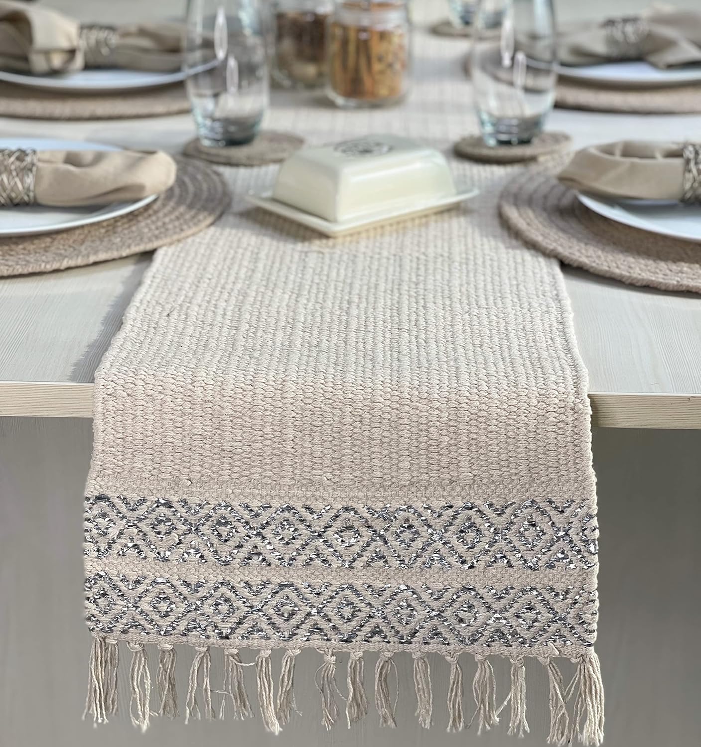 Chardin home – Westside Table Runner - Ivory Table Runner for Dinner Parties, Holidays, Christmas, Thanksgiving and Everyday use, Off White & Silver Accents (13'x72 Inches)- Machine Washable