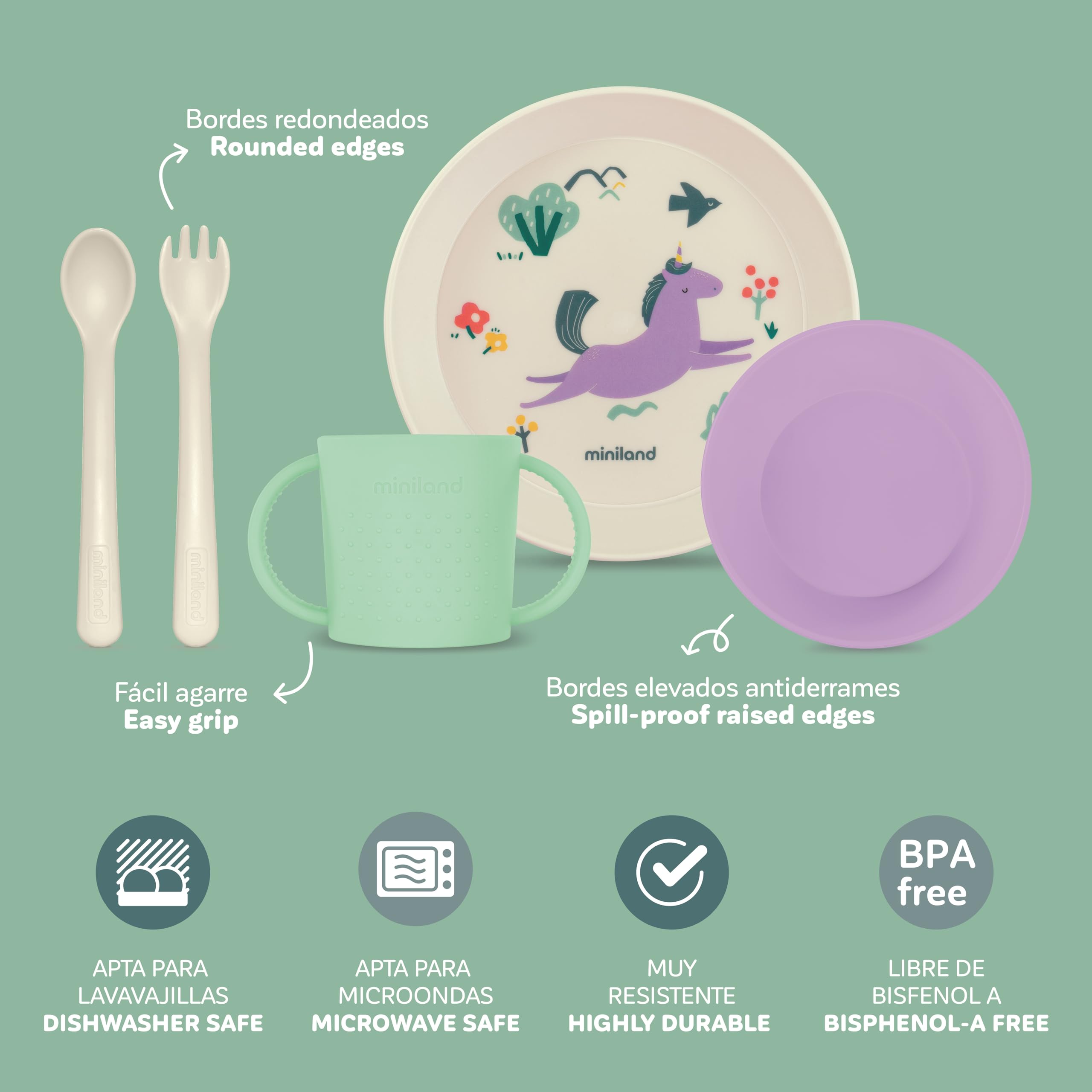 Miniland - Vajilla para Bebé de Aprendizaje | Plato, Vaso Antiderrame y Cubiertos Adaptados para Bebé | Vajilla Infantil Libre de BPA (Set Dream)
