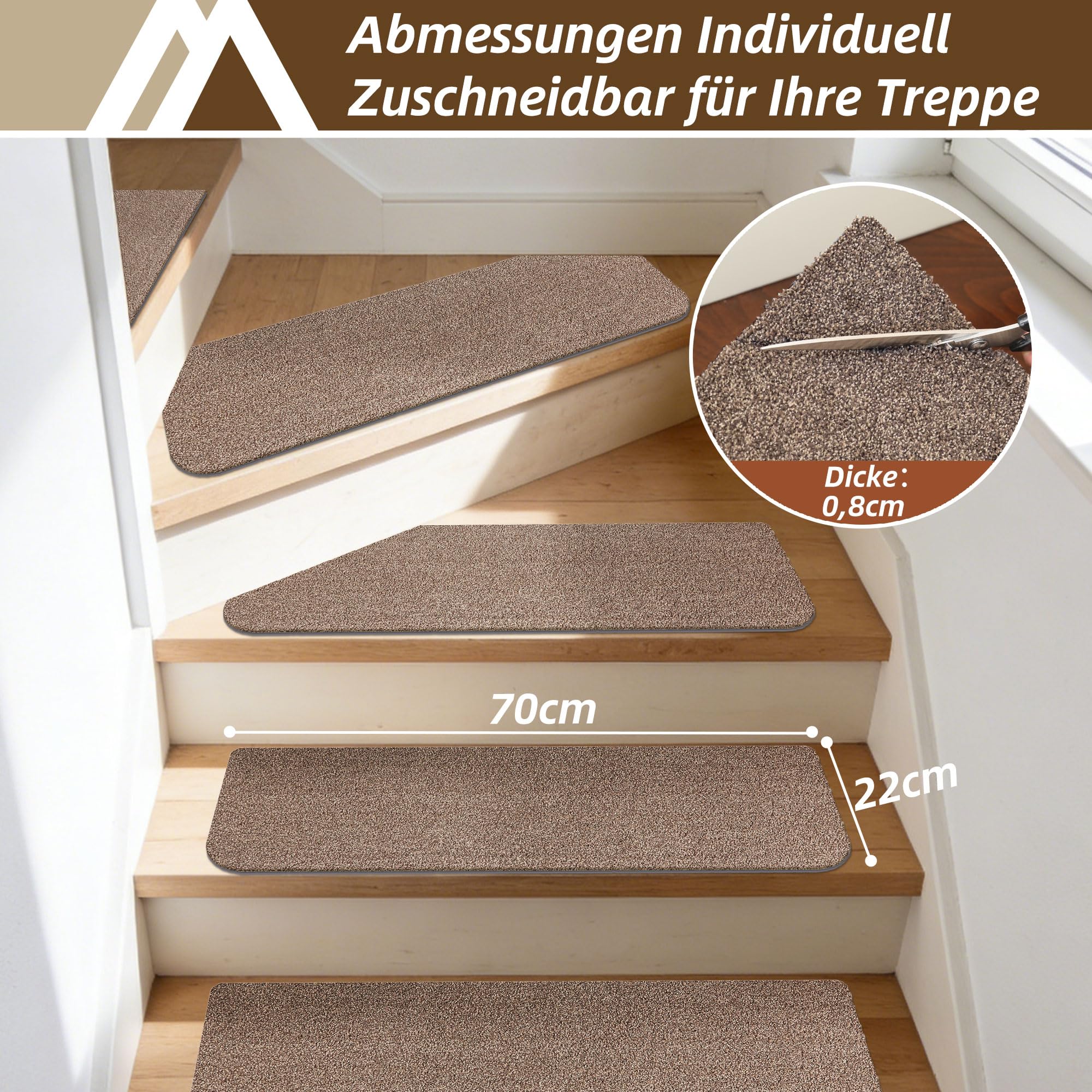 COSY HOMEER 15 Stück Stufenmatten Selbstklebend 70x22cm, Beige | Frei zuschneidbar, TPE-Rücken, rutschfest, waschbar, 100% Polyester, Sicherheit für Kinder, Senioren und Haustiere