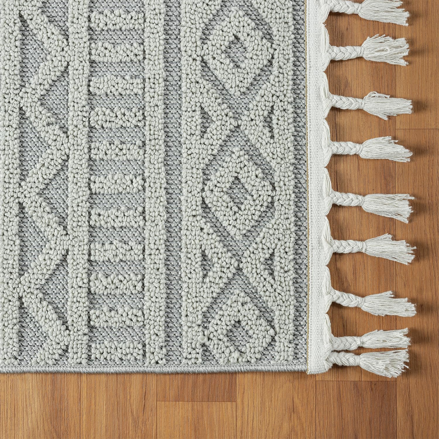 VIMODA Teppich Boho Wohnzimmer, Schlafzimmer, Fransen Skandinavisch, Waschbarer Teppich 3D, Farbe:Grau, Maße:120x170 cm