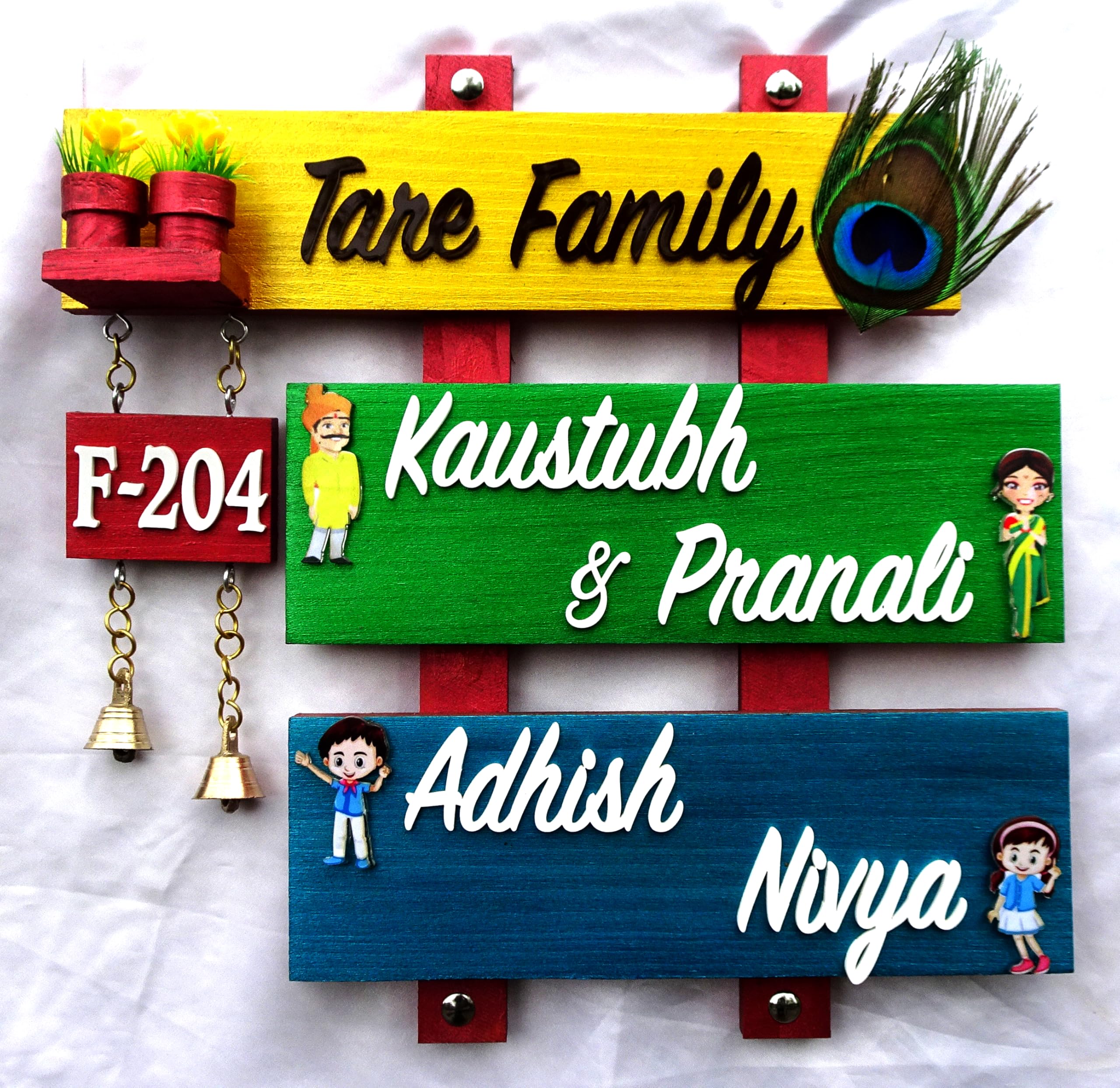 Personalized Wooden Home Entrance Name Plate, Multicolor Wall Hanging for Flat, House, Villa, office. Customer Family Name Board with Decorative Elements like Bells, Flowers, Cartoon Figures (12 x 12, With 4 Names)-image-19