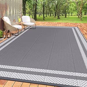 HappyTrends,Outdoor Rug,Patio Rug,Reversible Portable Plastic Straw Rug,Camping Rugs for Outside RV,Large Waterproof Area Rugs for Patio,Deck,Picnic,Porch,Balcony(6&#39;x 9&#39;,White&amp;Gray)