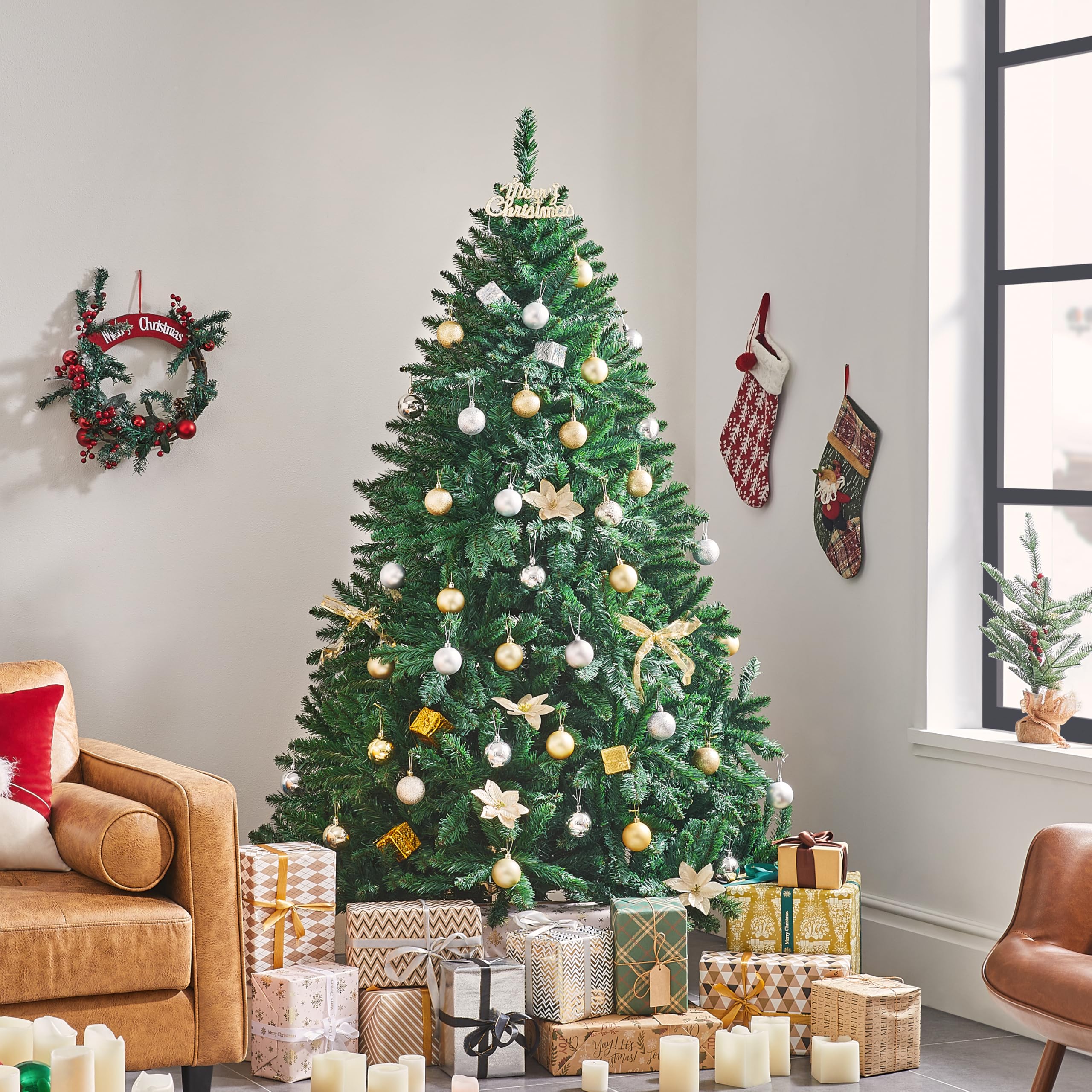 Yaheetech Árbol de Navidad Artificial de 183 cm con 903 Puntas, Resistente al Fuego, PVC, Incluye Soporte de Metal con Vetas de Madera de Abeto, Color Verde