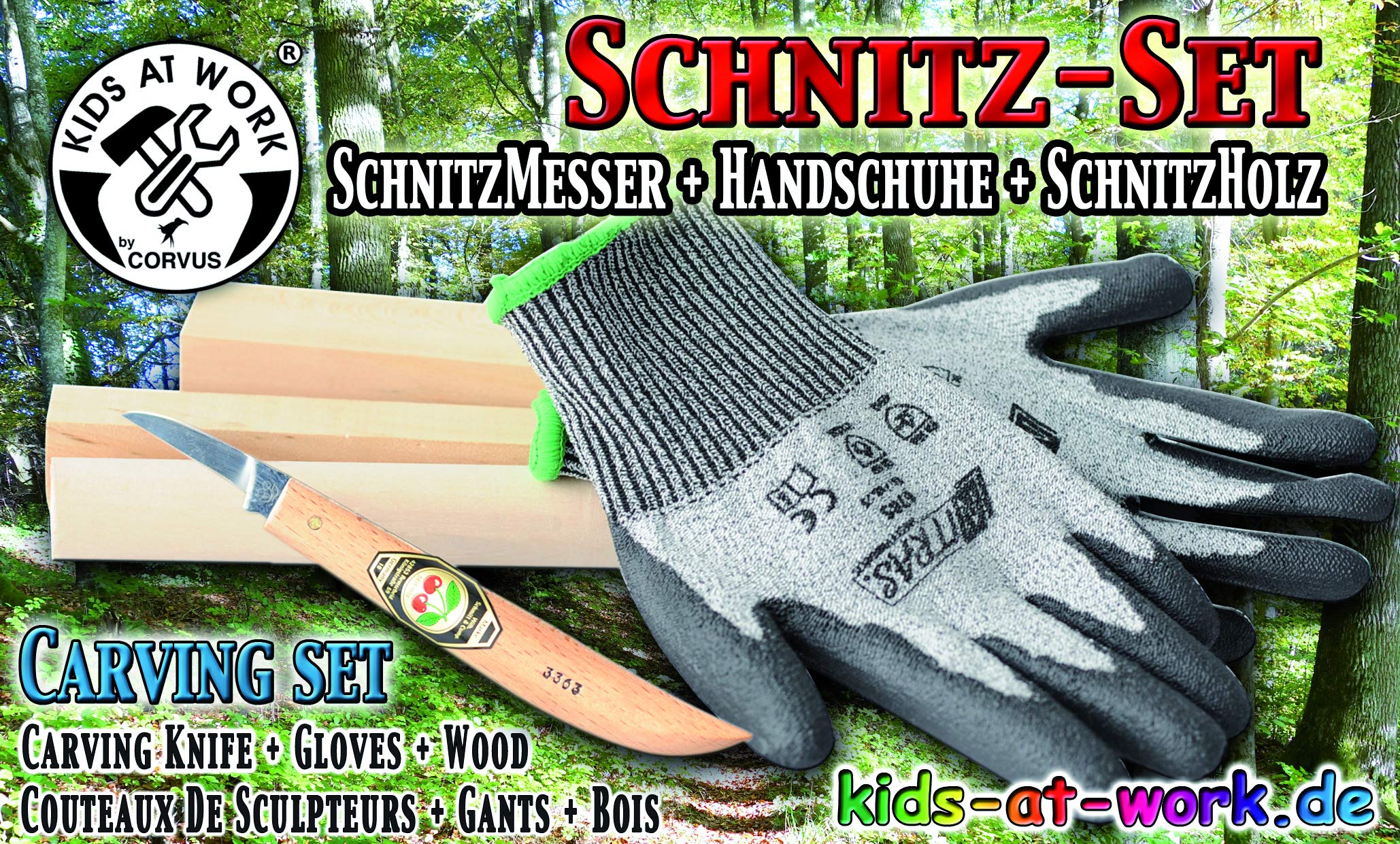 A600377 Schnitz-Set Messe,Handschuhe,Holz - Kids at work