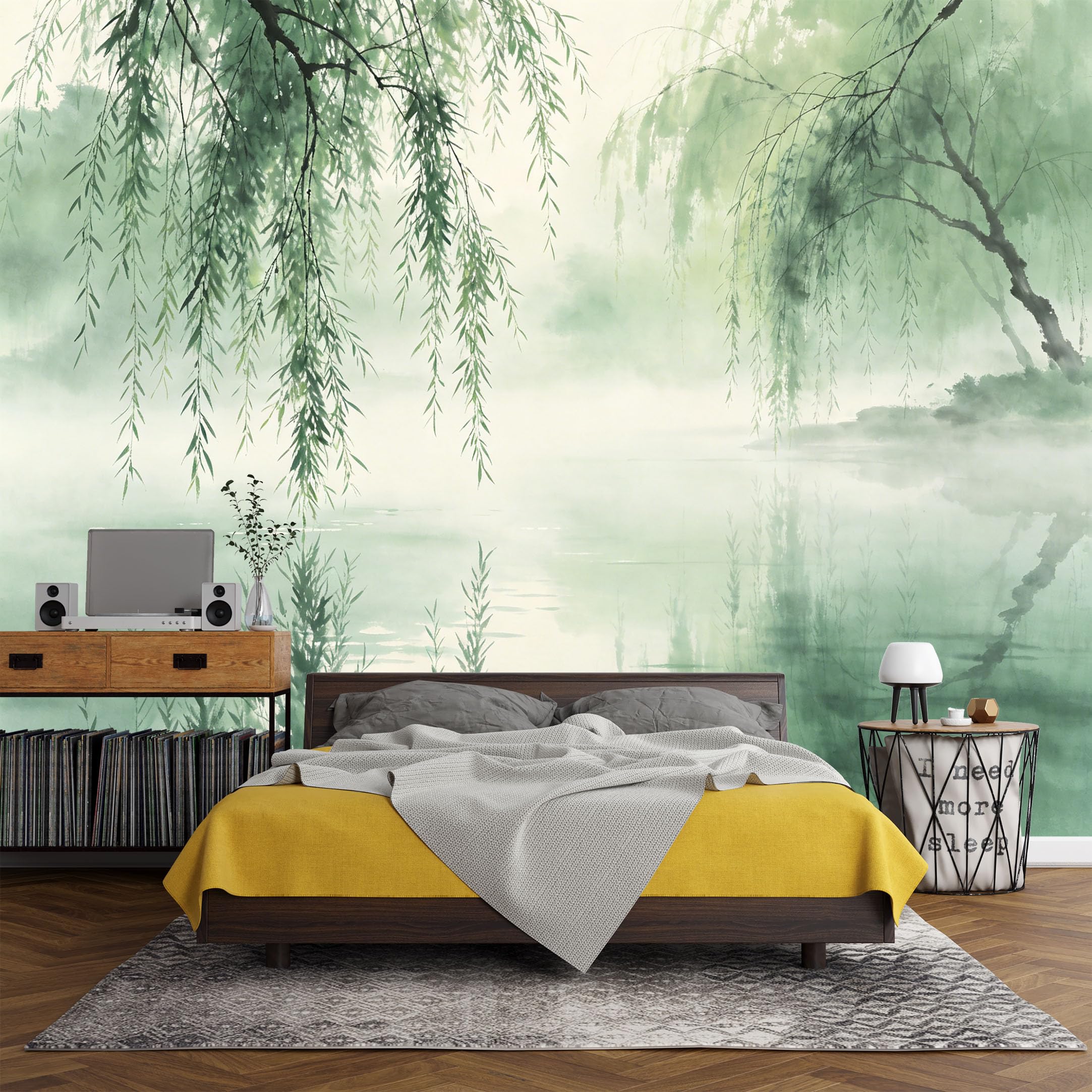 Custom Size Wall Mural， Watercolor Misty Lake Willow Landscape Asian Zen Nature Scene，SelfAdhesive Art Prints wall Fabric (No PVC) Removable Wallpaper Living Room Decor