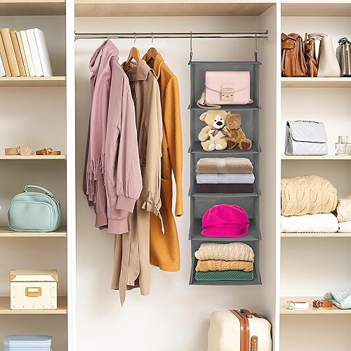 Miniatura 2 de coastal rose Organizador de armario colgante de 5 estantes, estantes plegables para colgar, estante de almacenamiento colgante con 2 ganchos